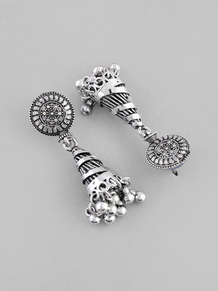 VOJ Oxidised Silver Plated Contemporary Jhumka - Swadesiicart