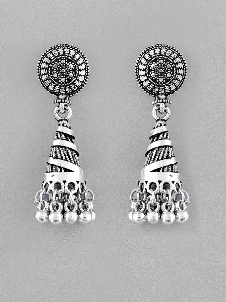 VOJ Oxidised Silver Plated Contemporary Jhumka - Swadesiicart