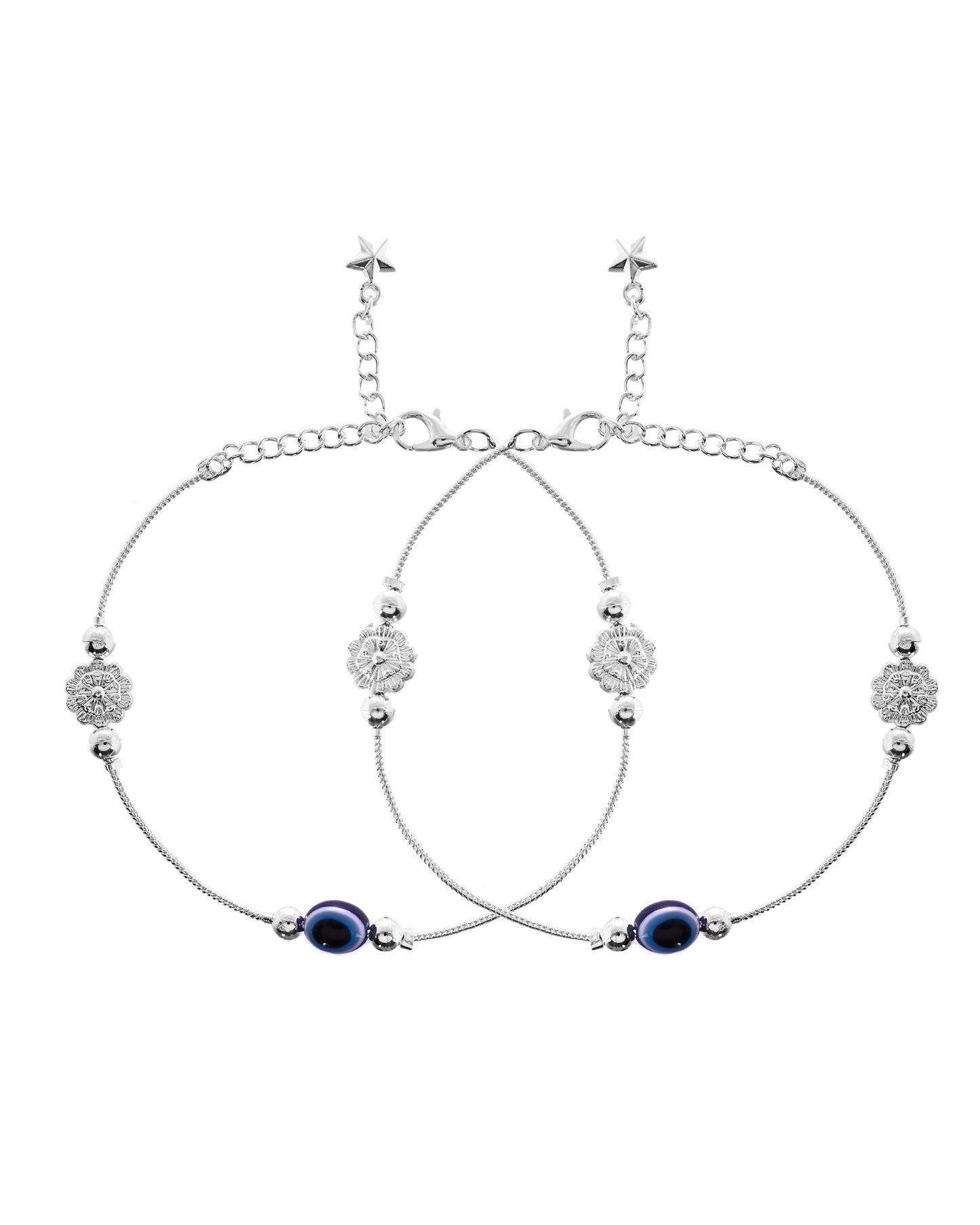 VOJ Set of 2 Silver Plated Evil Eye Bead Studded Stainless Steel Anklet - Swadesiicart