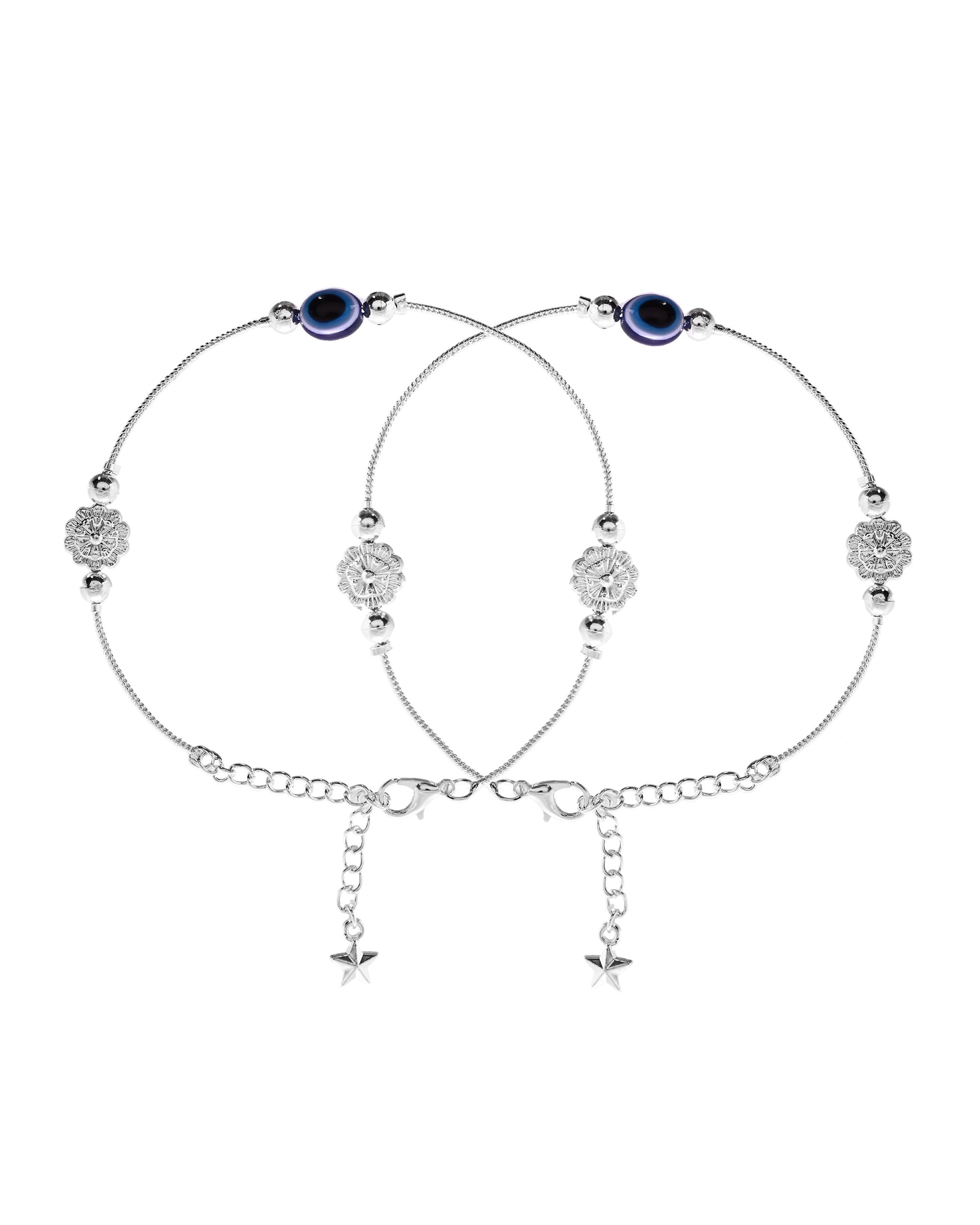 VOJ Set of 2 Silver Plated Evil Eye Bead Studded Stainless Steel Anklet - Swadesiicart