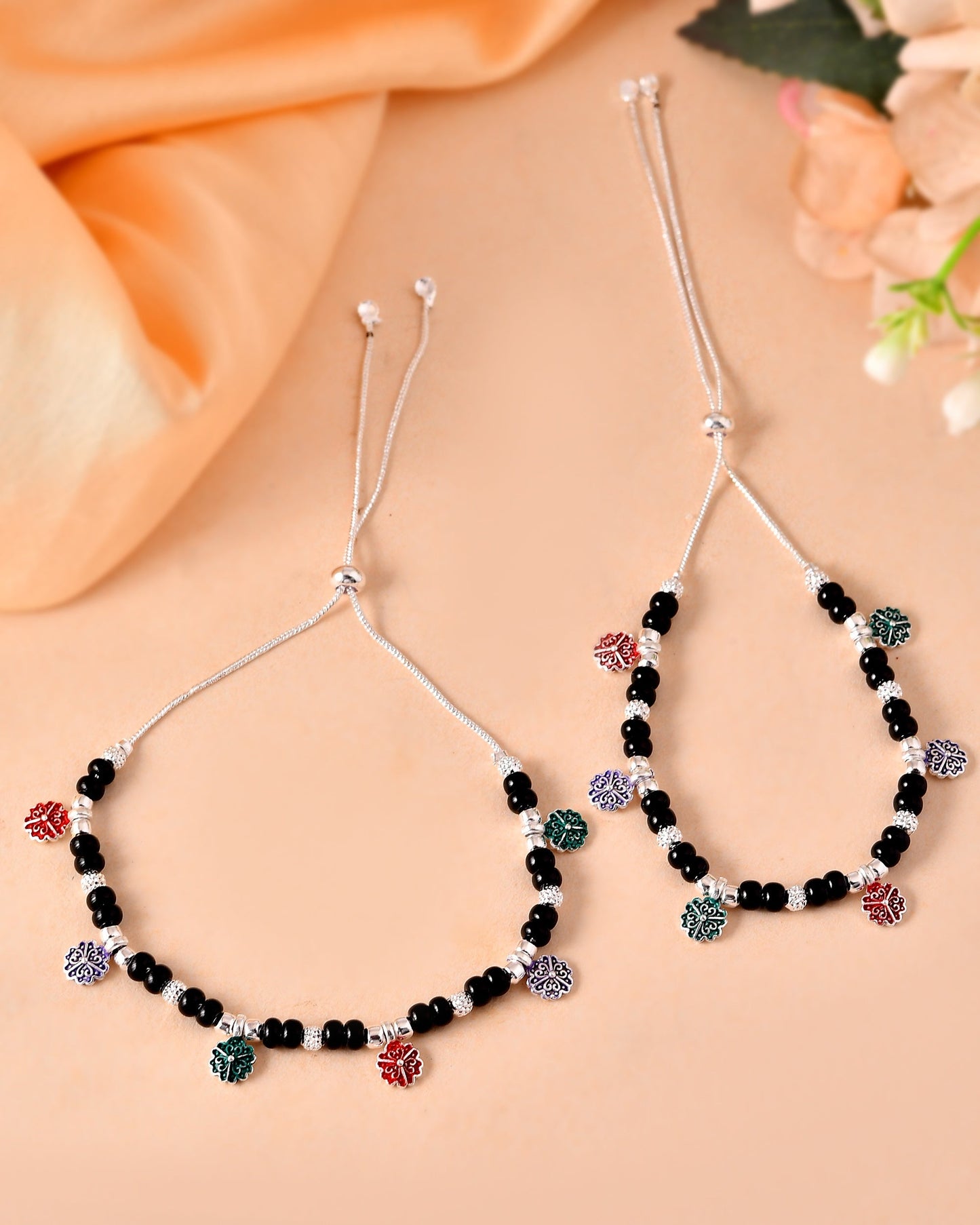 VOJ Set of 2 Stainless Steel Artificial Beads Anklet - Swadesiicart