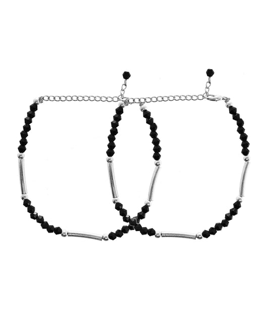 VOJ Set of 2 Black Artificial Beads Studded Anklet - Swadesiicart
