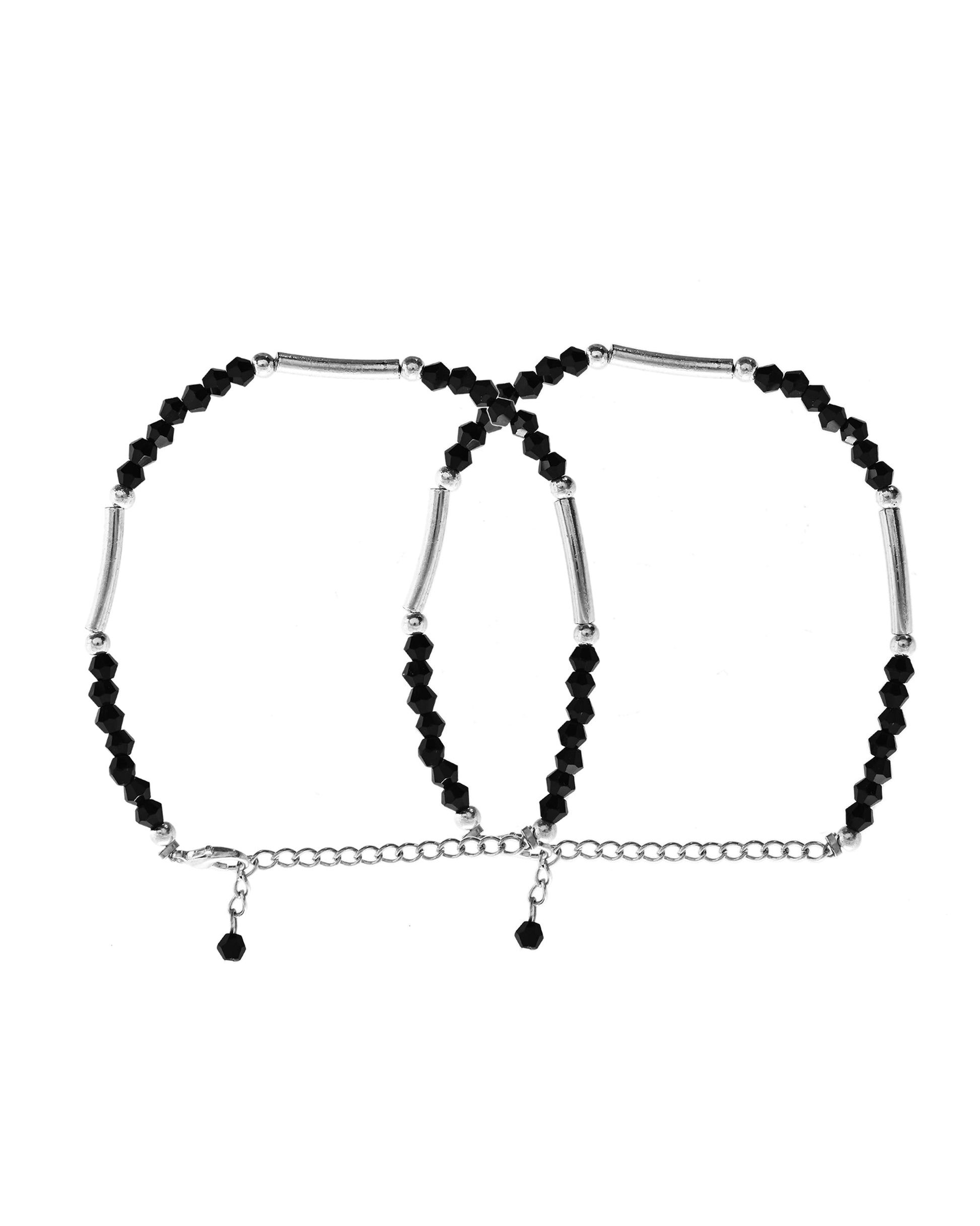 VOJ Set of 2 Black Artificial Beads Studded Anklet - Swadesiicart