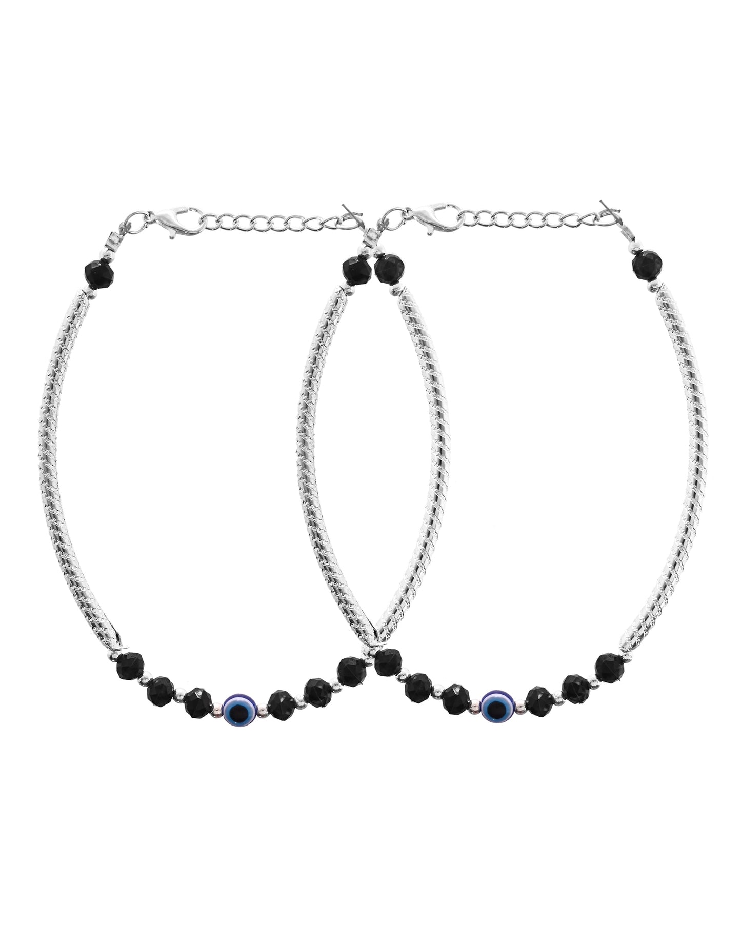 VOJ Set of 2 Evil Eye Bead Studded Stainless Steel Anklet - Swadesiicart