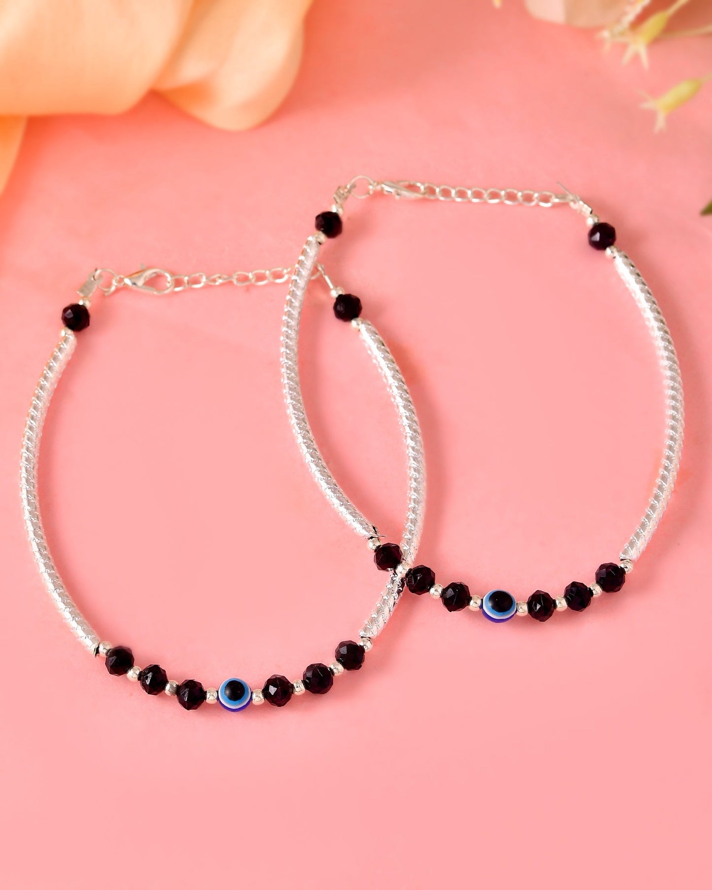 VOJ Set of 2 Evil Eye Bead Studded Stainless Steel Anklet - Swadesiicart