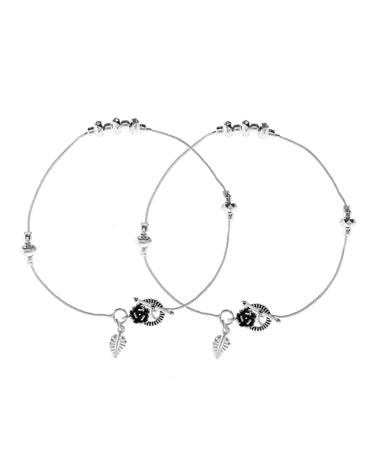 VOJ Set of 2 Silver Tone Handcrafted Stainless Steel Anklet - Swadesiicart