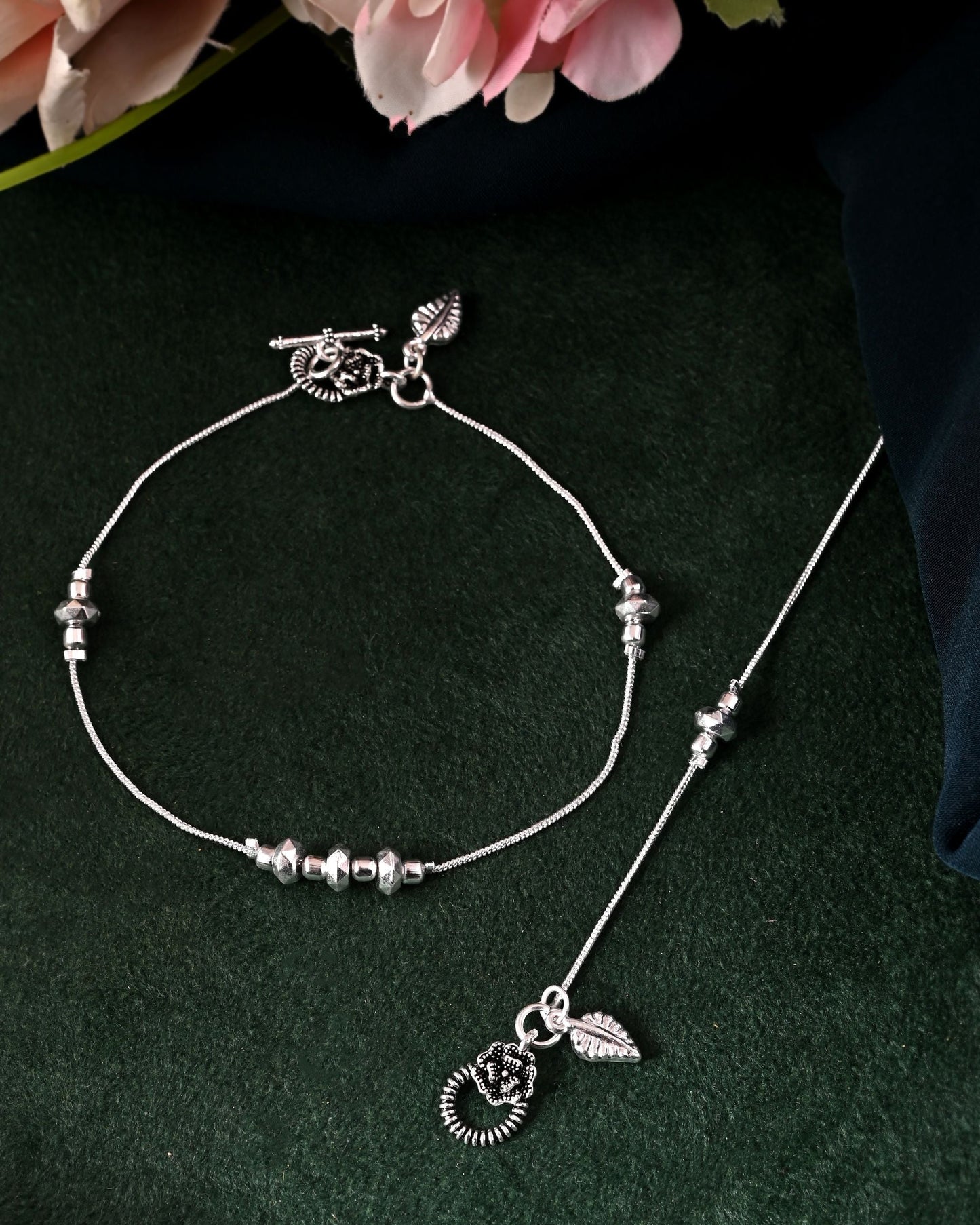 VOJ Set of 2 Silver Tone Handcrafted Stainless Steel Anklet - Swadesiicart