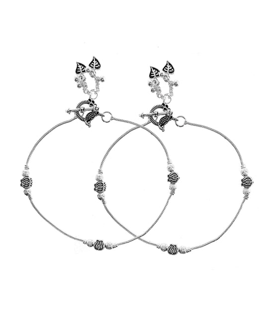 VOJ Set of 2 Silver Toned Floral Handcrafted Stainless Steel Anklet - Swadesiicart
