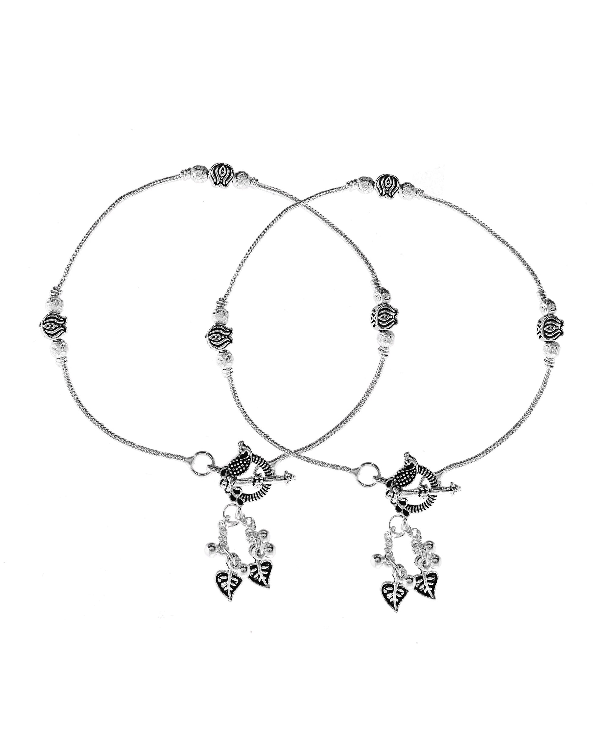 VOJ Set of 2 Silver Toned Floral Handcrafted Stainless Steel Anklet - Swadesiicart
