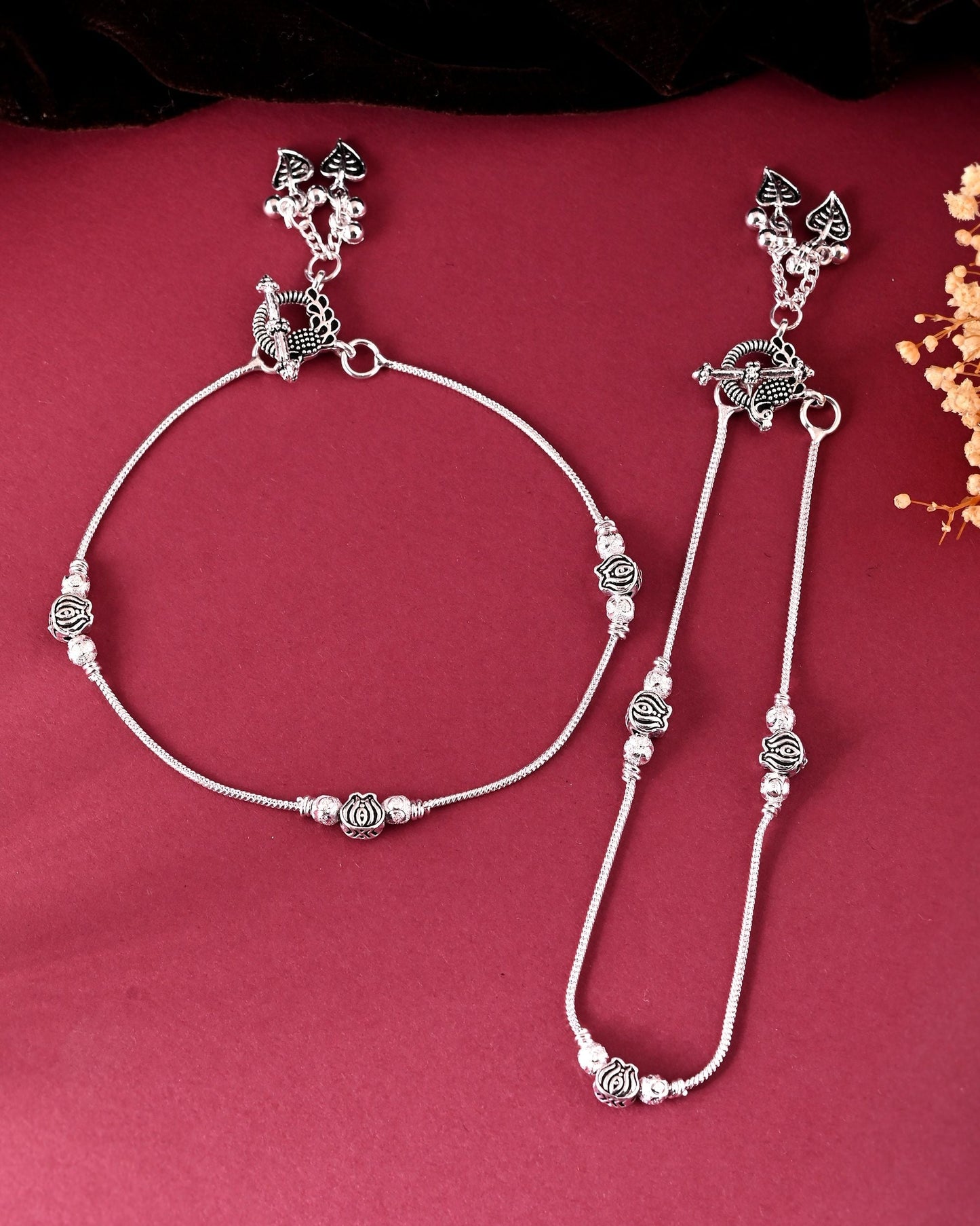 VOJ Set of 2 Silver Toned Floral Handcrafted Stainless Steel Anklet - Swadesiicart
