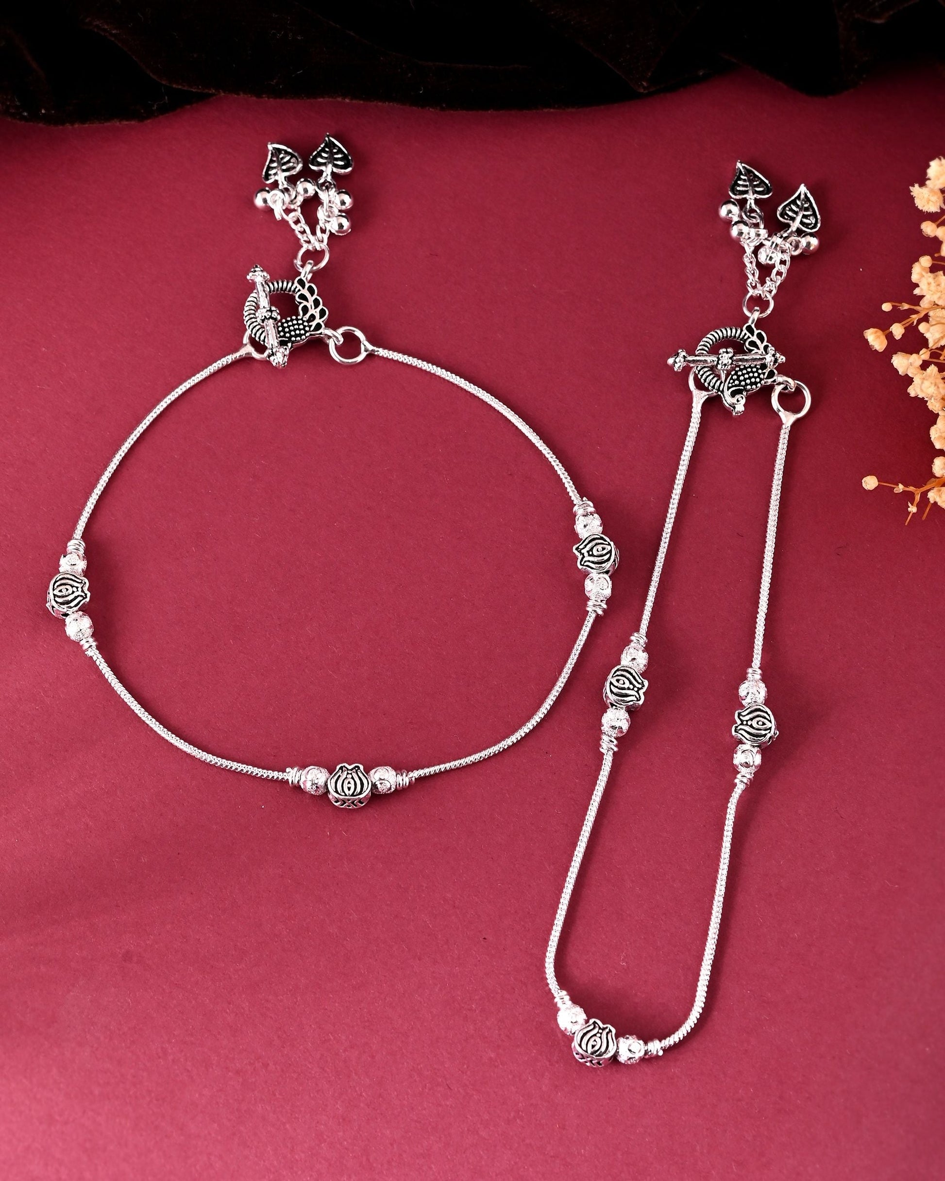 VOJ Set of 2 Silver Toned Floral Handcrafted Stainless Steel Anklet - Swadesiicart