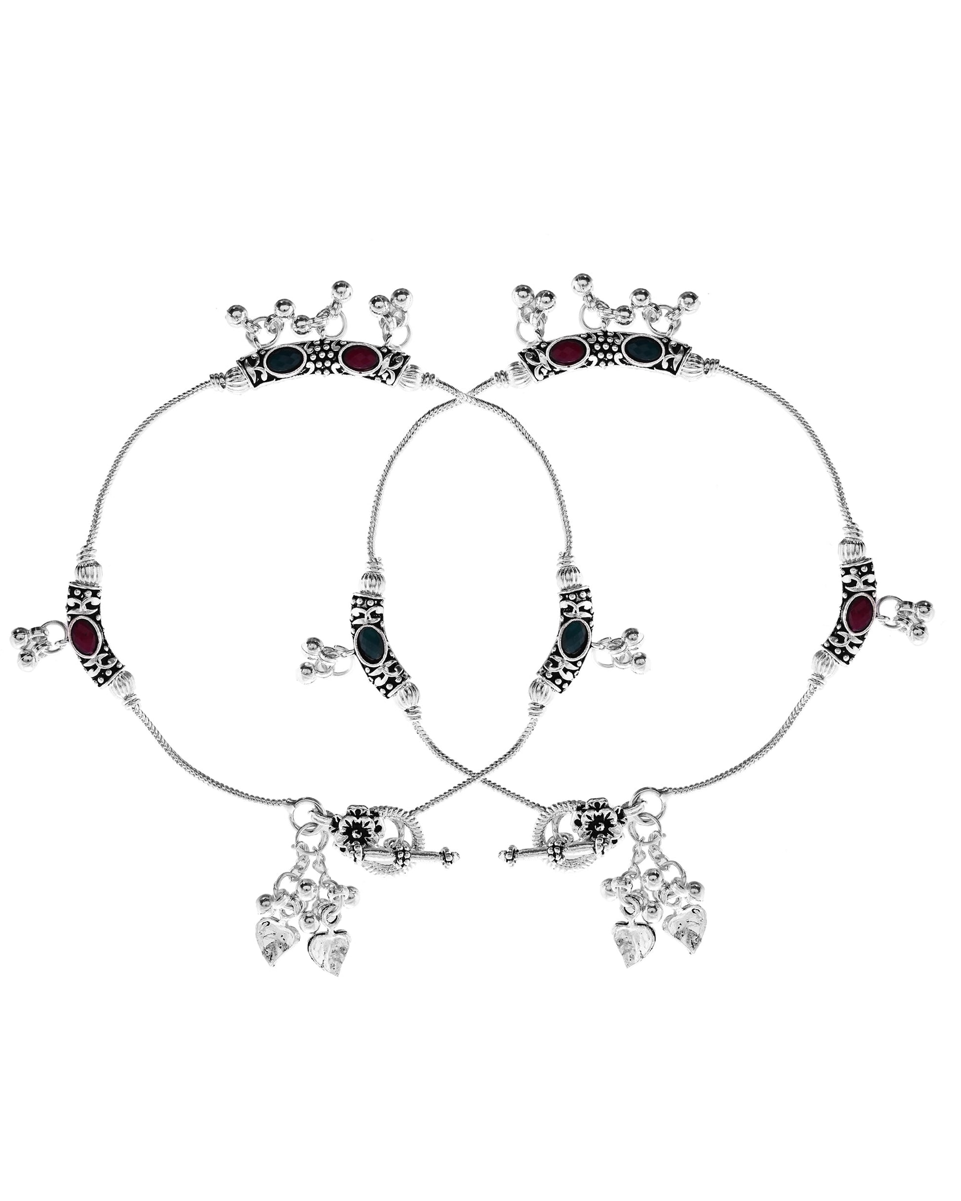 VOJ Set of 2 Silver Toned Meenakari Designed Stainless Steel Anklet - Swadesiicart