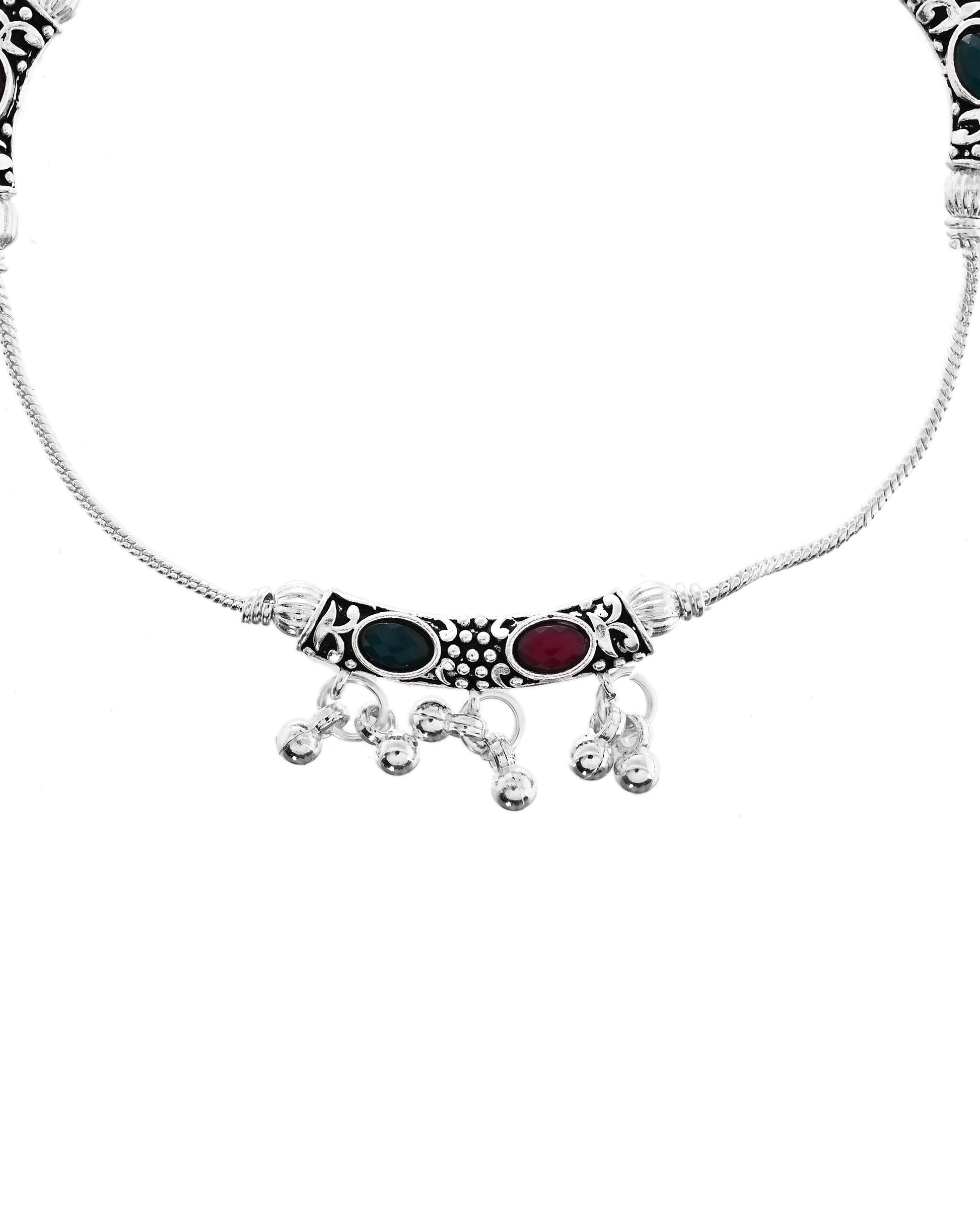 VOJ Set of 2 Silver Toned Meenakari Designed Stainless Steel Anklet - Swadesiicart