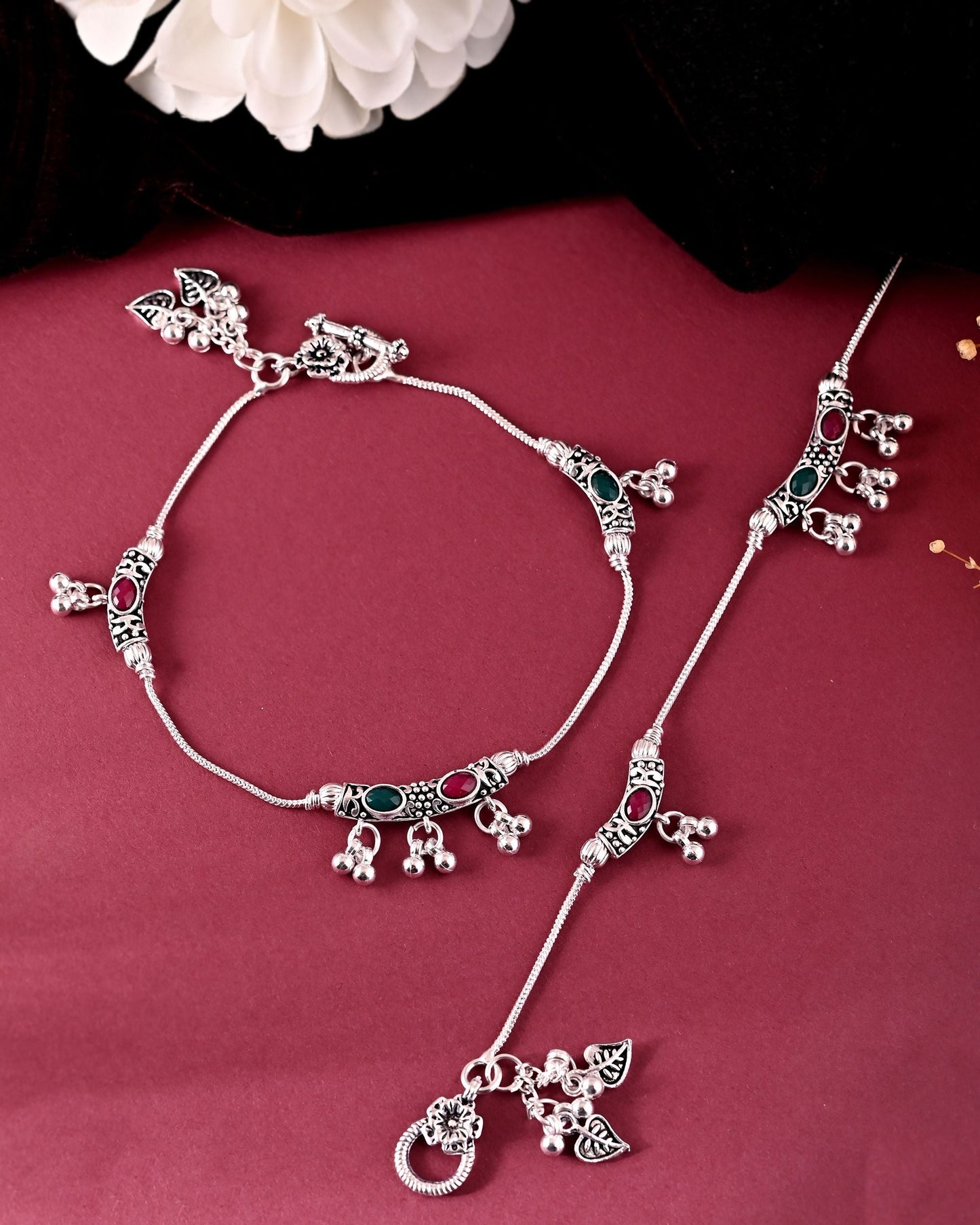 VOJ Set of 2 Silver Toned Meenakari Designed Stainless Steel Anklet - Swadesiicart