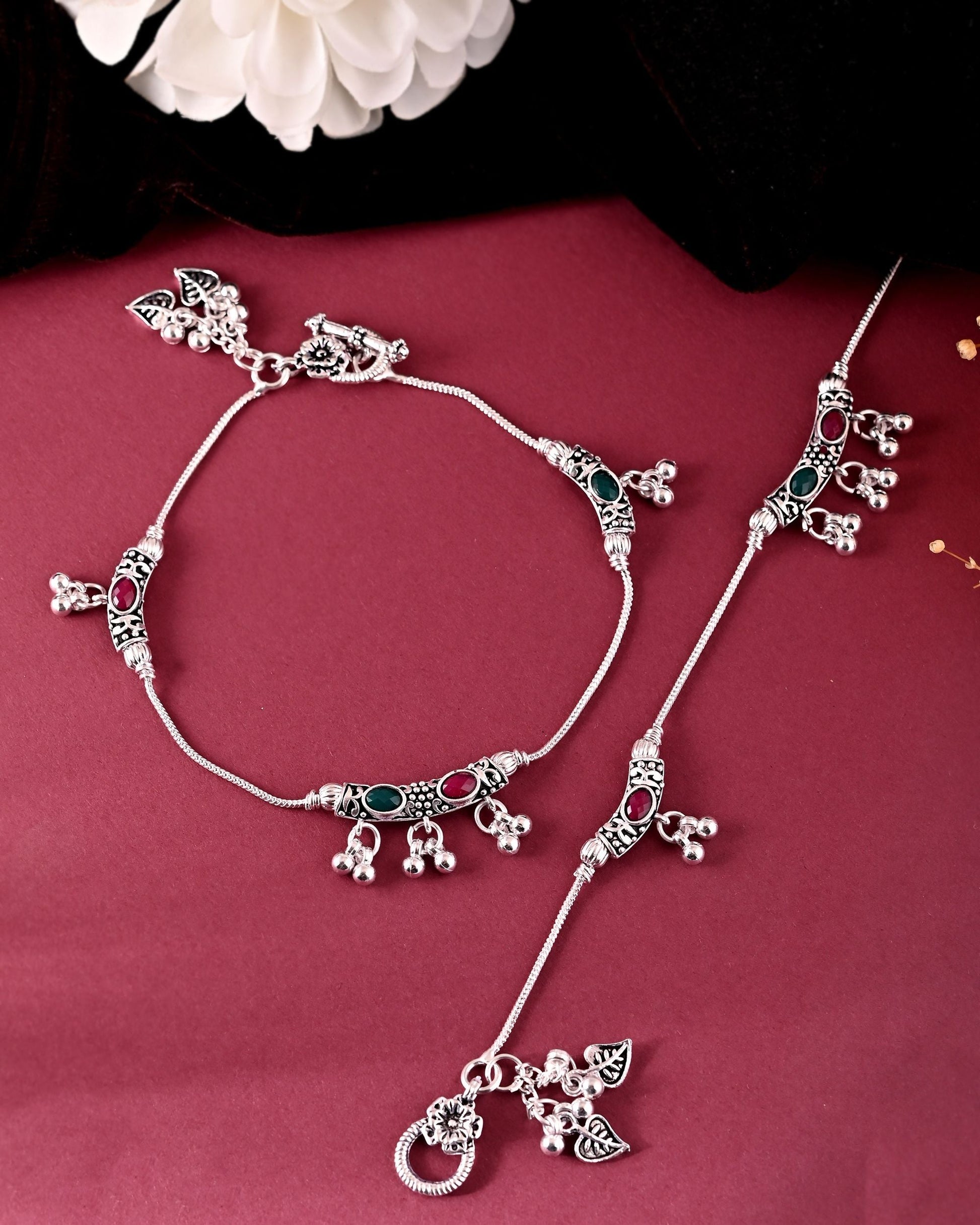 VOJ Set of 2 Silver Toned Meenakari Designed Stainless Steel Anklet - Swadesiicart