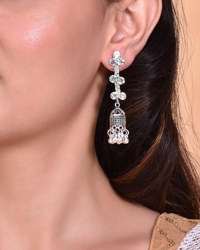 VOJ Studded Oxidised Silver Plated Contemporary Drop Earrings - VOJ (Valley Of Jewellery)