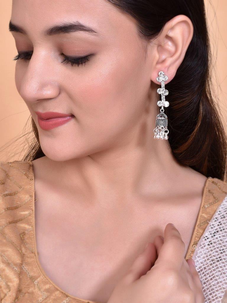 VOJ Studded Oxidised Silver Plated Contemporary Drop Earrings - Swadesiicart