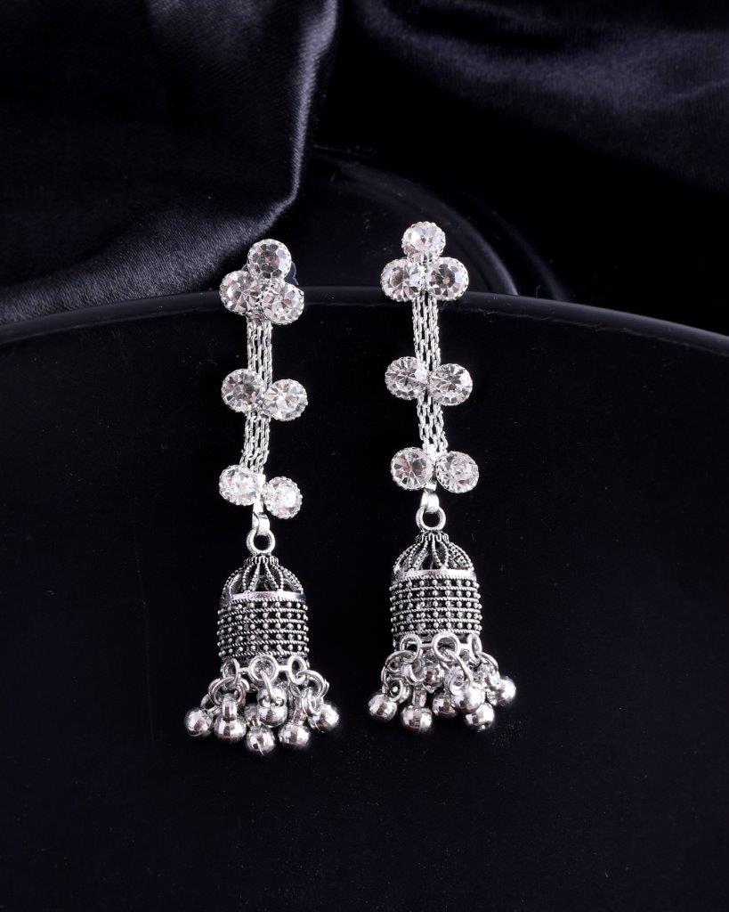 VOJ Studded Oxidised Silver Plated Contemporary Drop Earrings - Swadesiicart