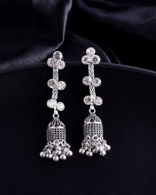 VOJ Studded Oxidised Silver Plated Contemporary Drop Earrings - Swadesiicart