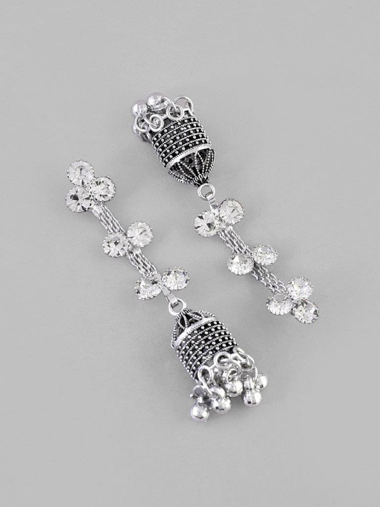 VOJ Studded Oxidised Silver Plated Contemporary Drop Earrings - Swadesiicart