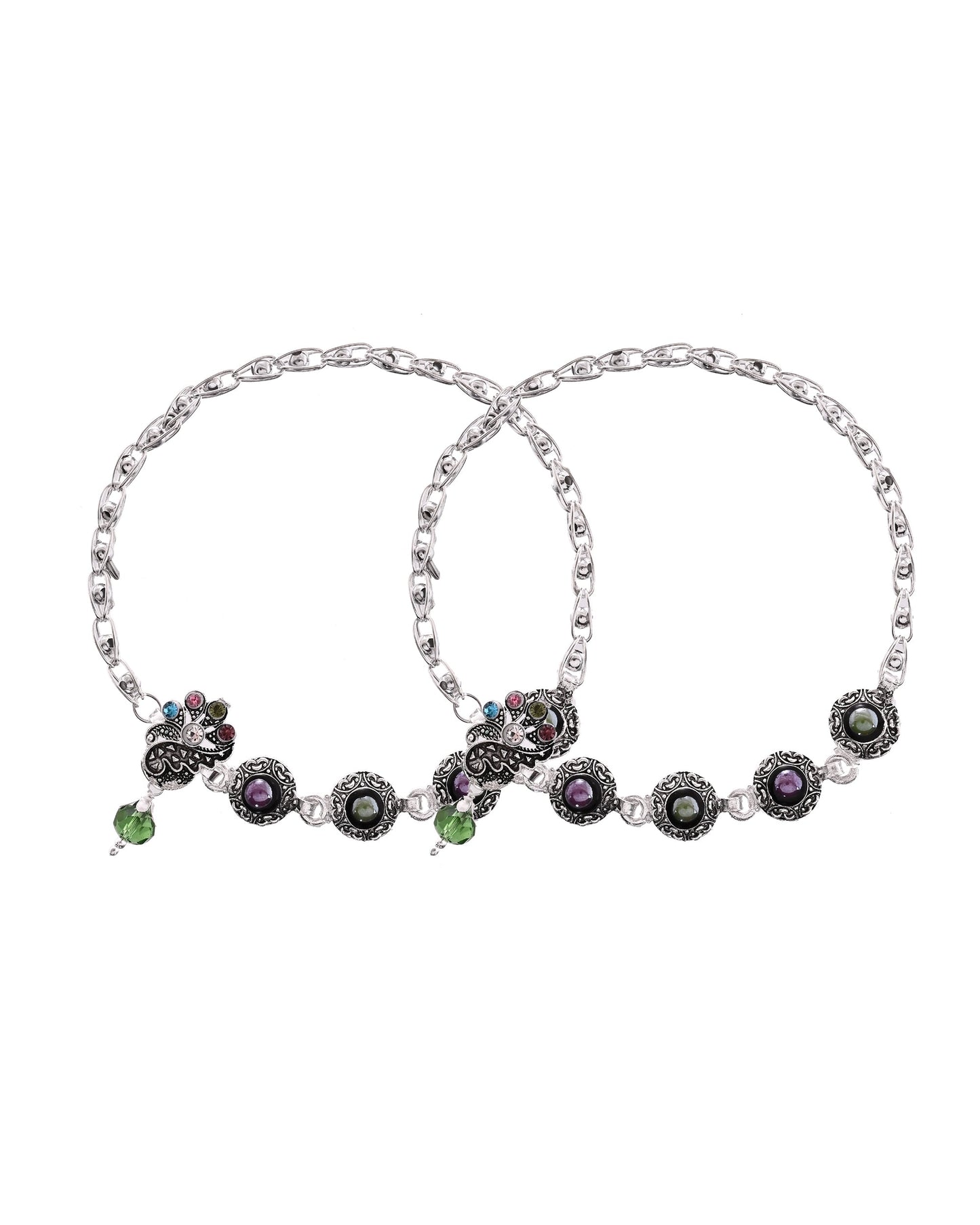 VOJ Set of 2 Handcrafted Stone Studded oxidized Anklet - Swadesiicart