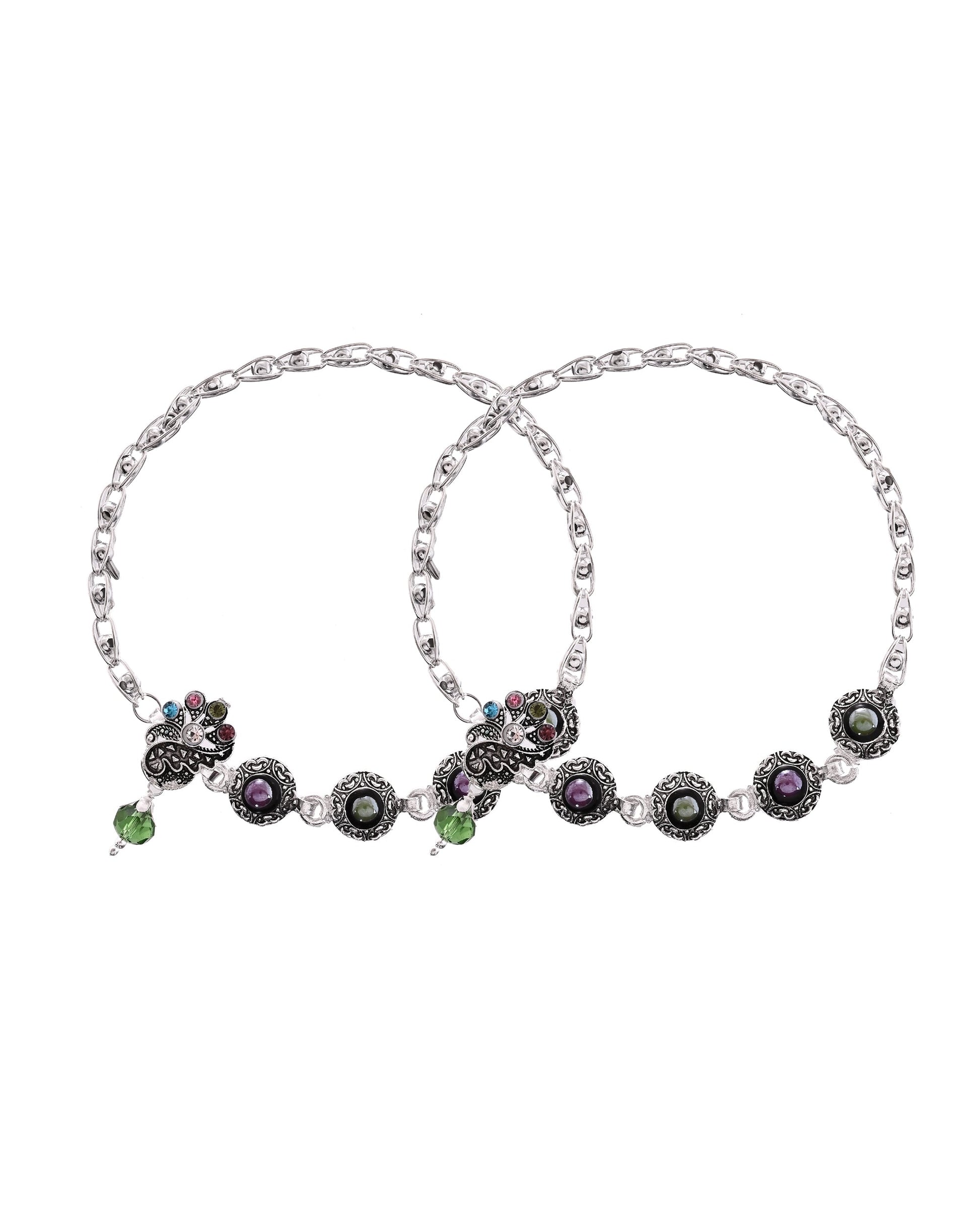 VOJ Set of 2 Handcrafted Stone Studded oxidized Anklet - Swadesiicart
