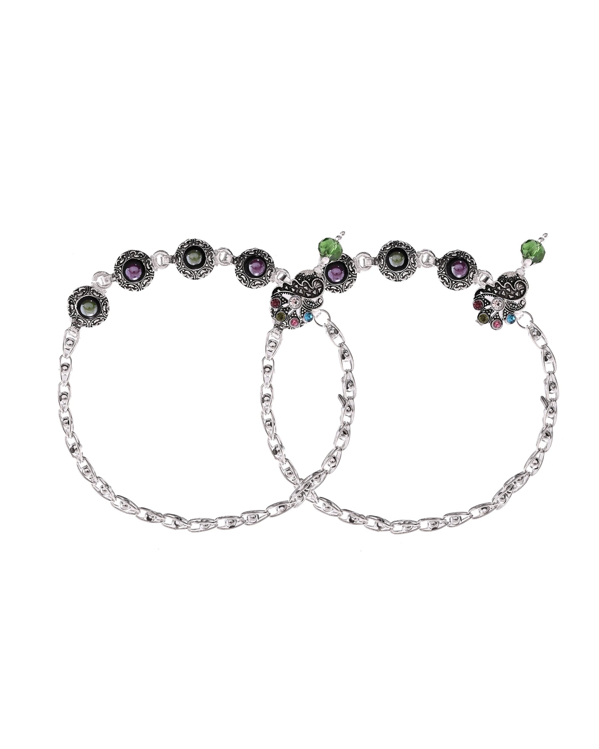 VOJ Set of 2 Handcrafted Stone Studded oxidized Anklet - Swadesiicart