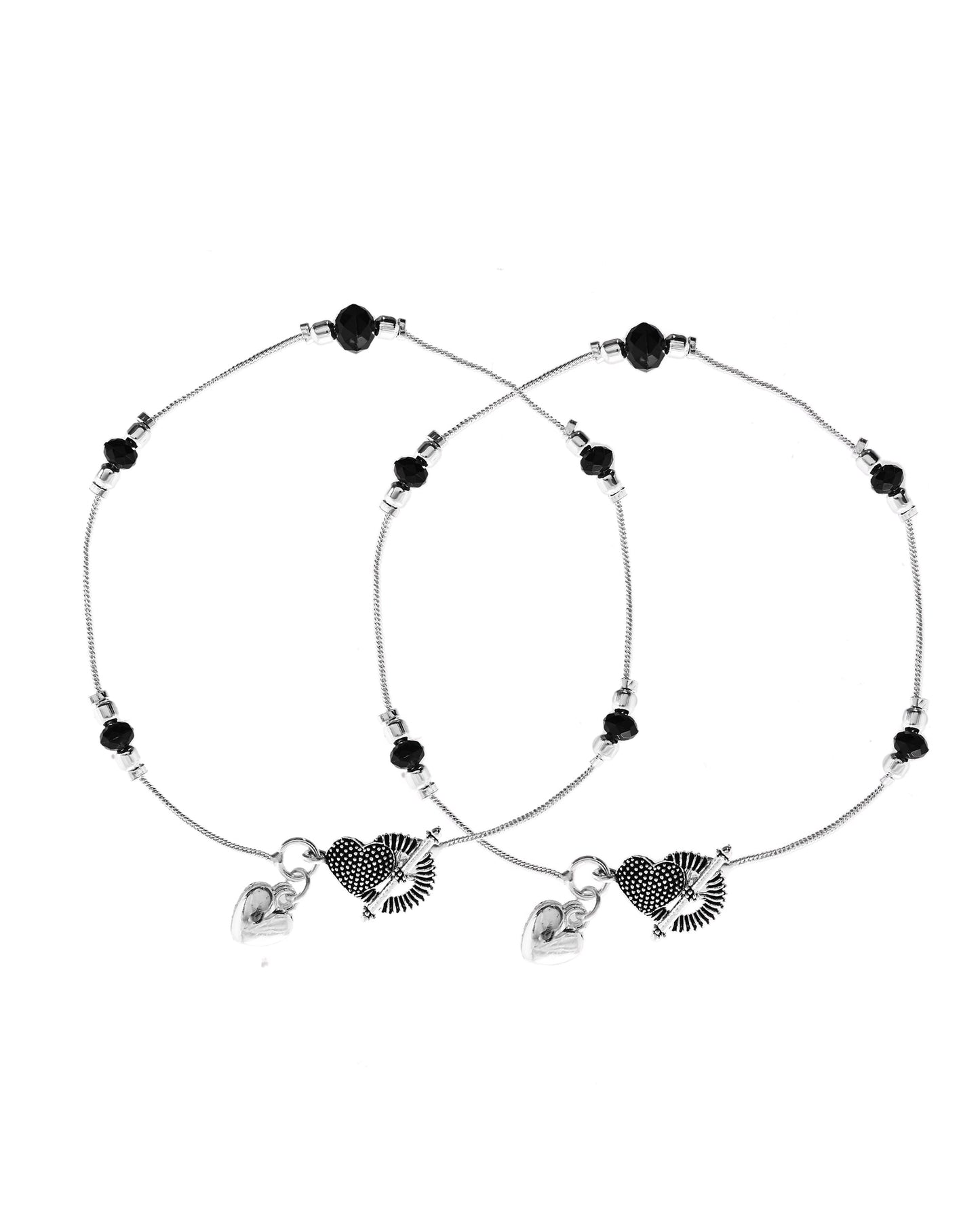 VOJ Set of 2 Black Beads Studded Designer Anklet - Swadesiicart