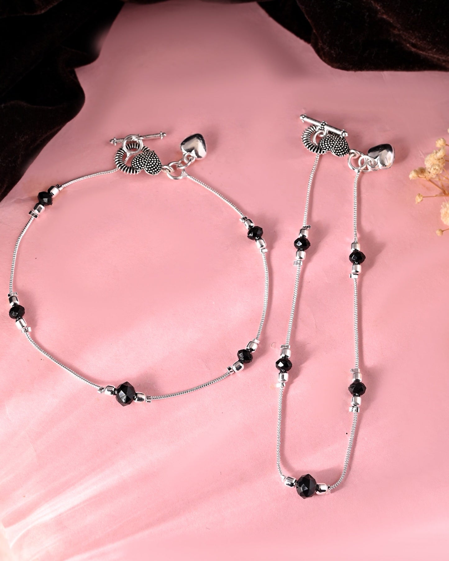 VOJ Set of 2 Black Beads Studded Designer Anklet - Swadesiicart
