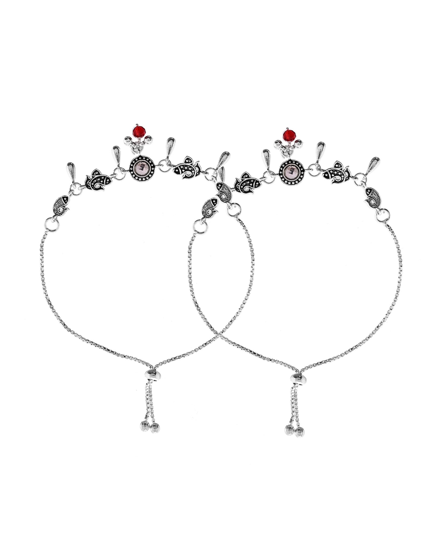 VOJ Set of 2 Silver Toned Fish Designed Anklet - Swadesiicart