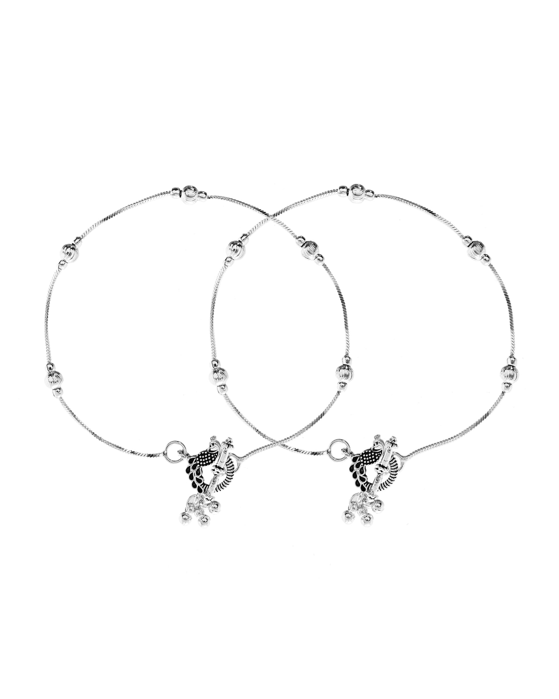 VOJ Set of 2 Silver Toned Handcrafted Designer Anklet - Swadesiicart
