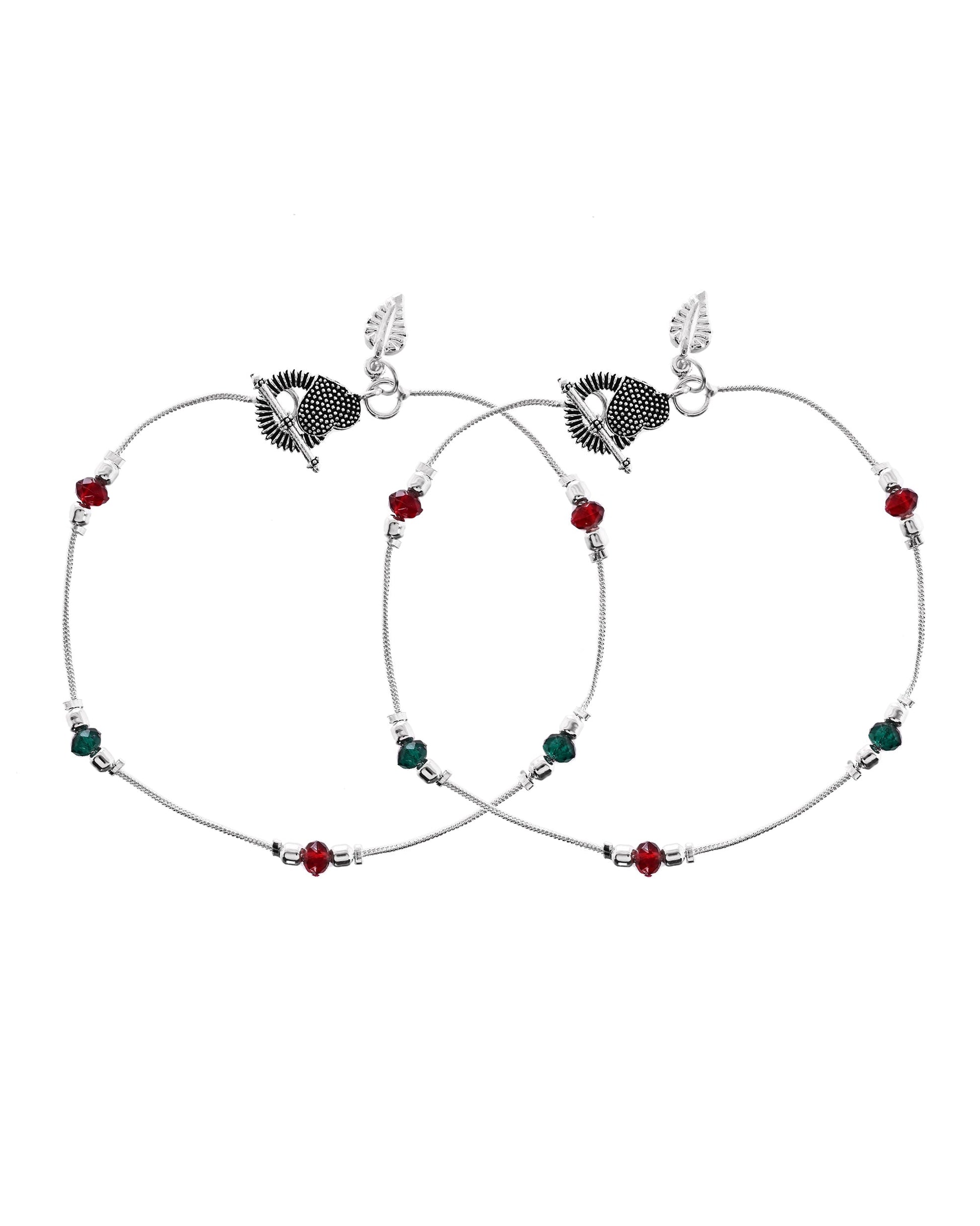 VOJ Set of 2 Silver Toned Handcrafted Artificial Beads Designer Anklet - Swadesiicart