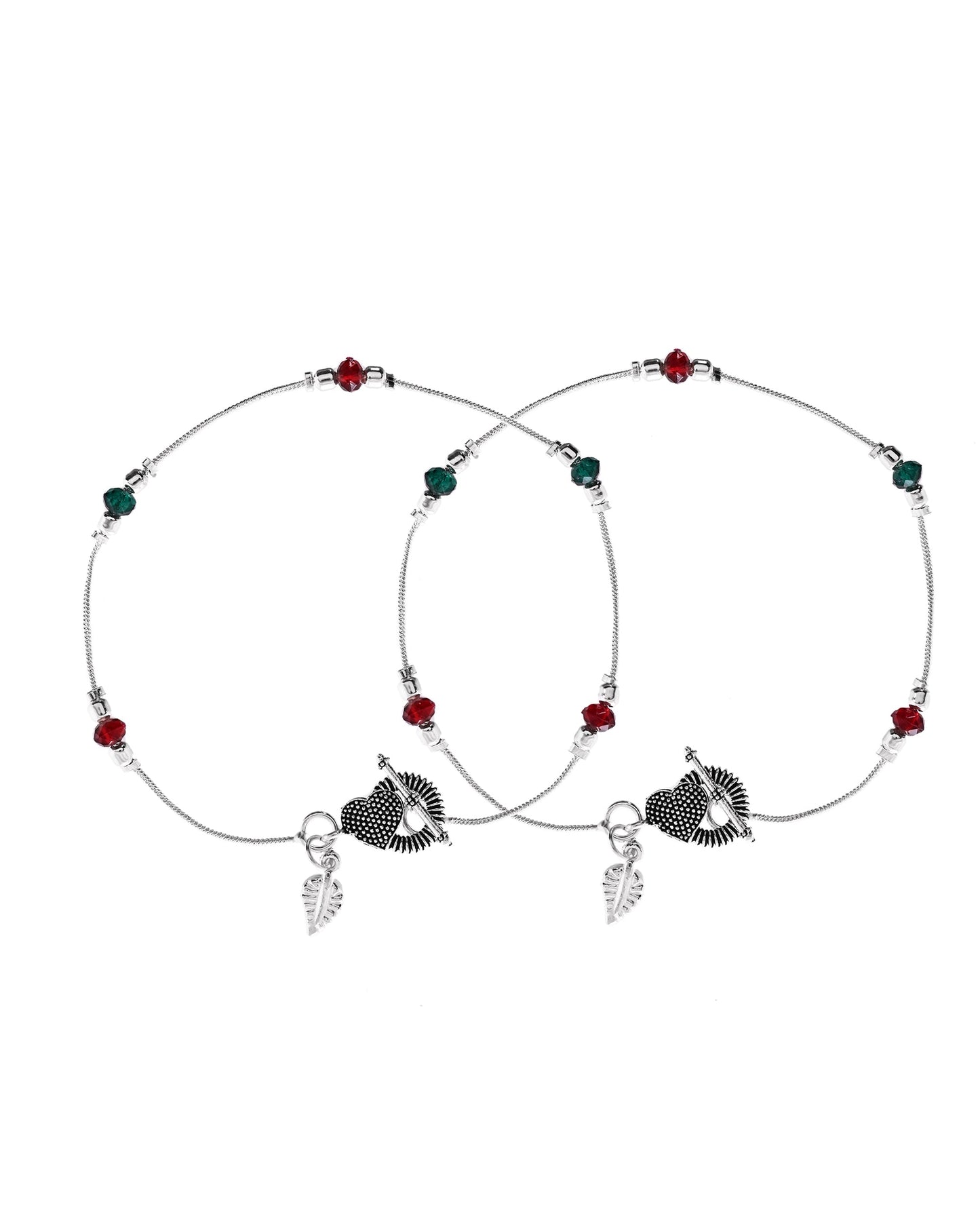 VOJ Set of 2 Silver Toned Handcrafted Artificial Beads Designer Anklet - Swadesiicart