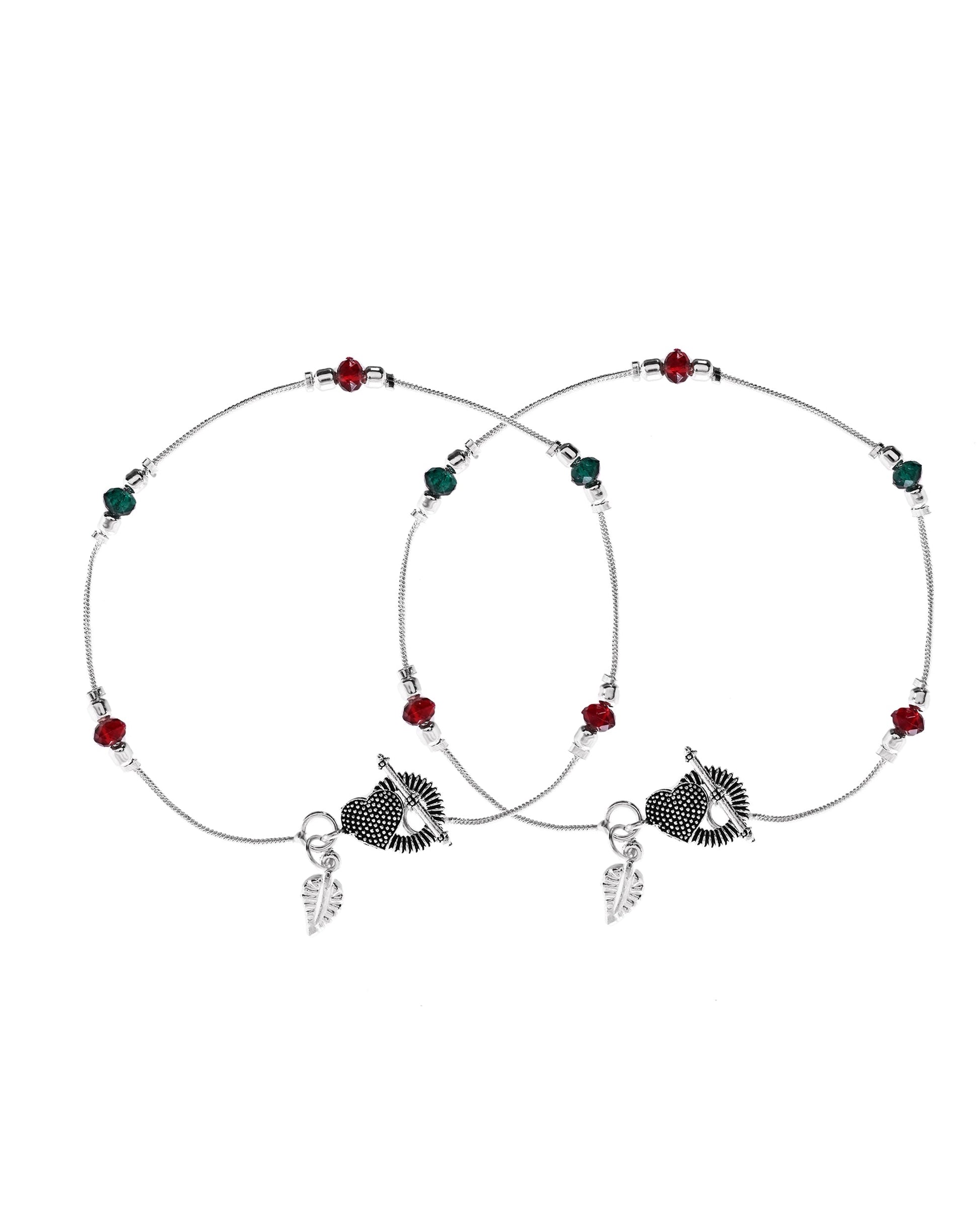 VOJ Set of 2 Silver Toned Handcrafted Artificial Beads Designer Anklet - Swadesiicart