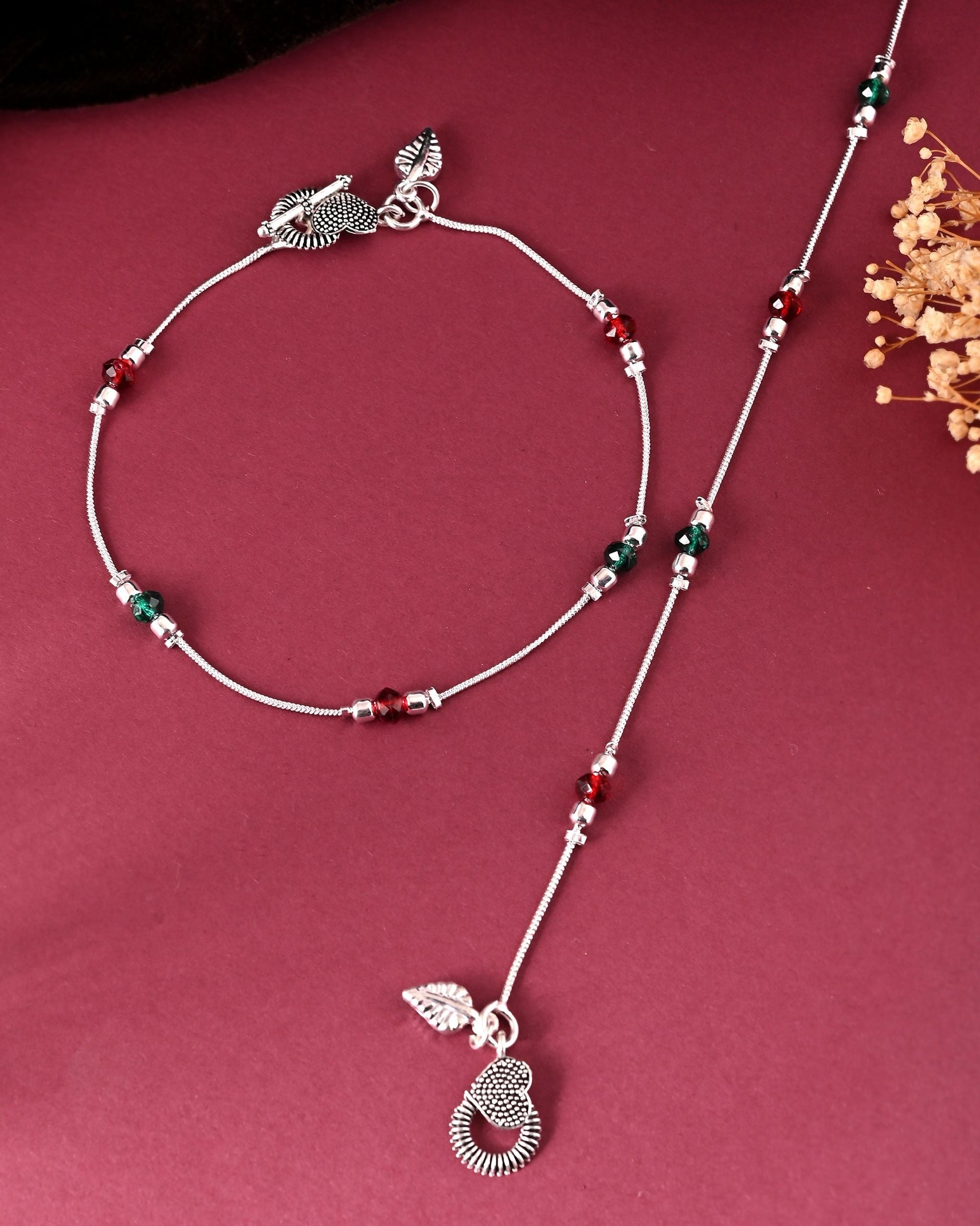 VOJ Set of 2 Silver Toned Handcrafted Artificial Beads Designer Anklet - Swadesiicart