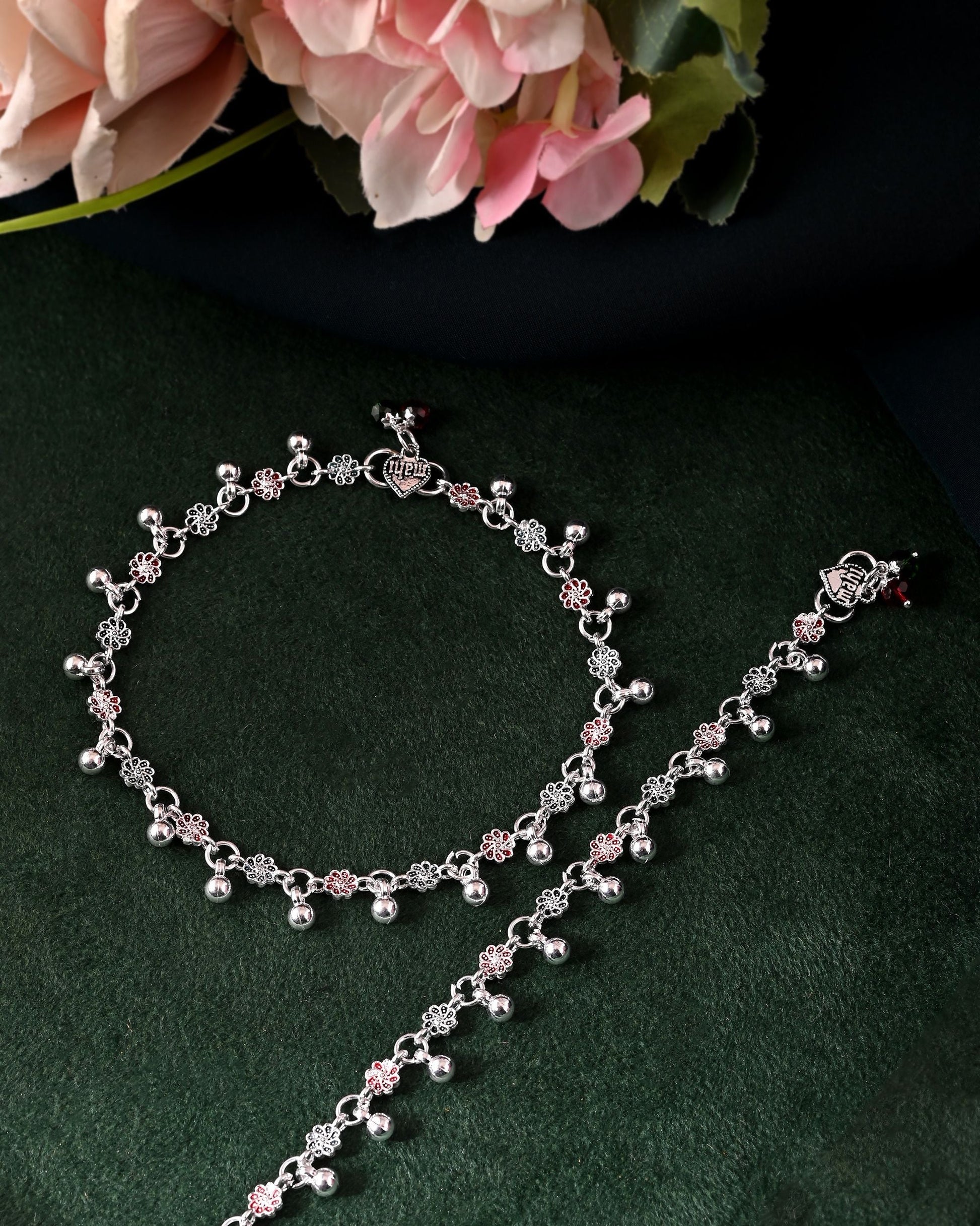 VOJ Set of 2 Silver Plated Floral Designed Meenakari Anklet - Swadesiicart