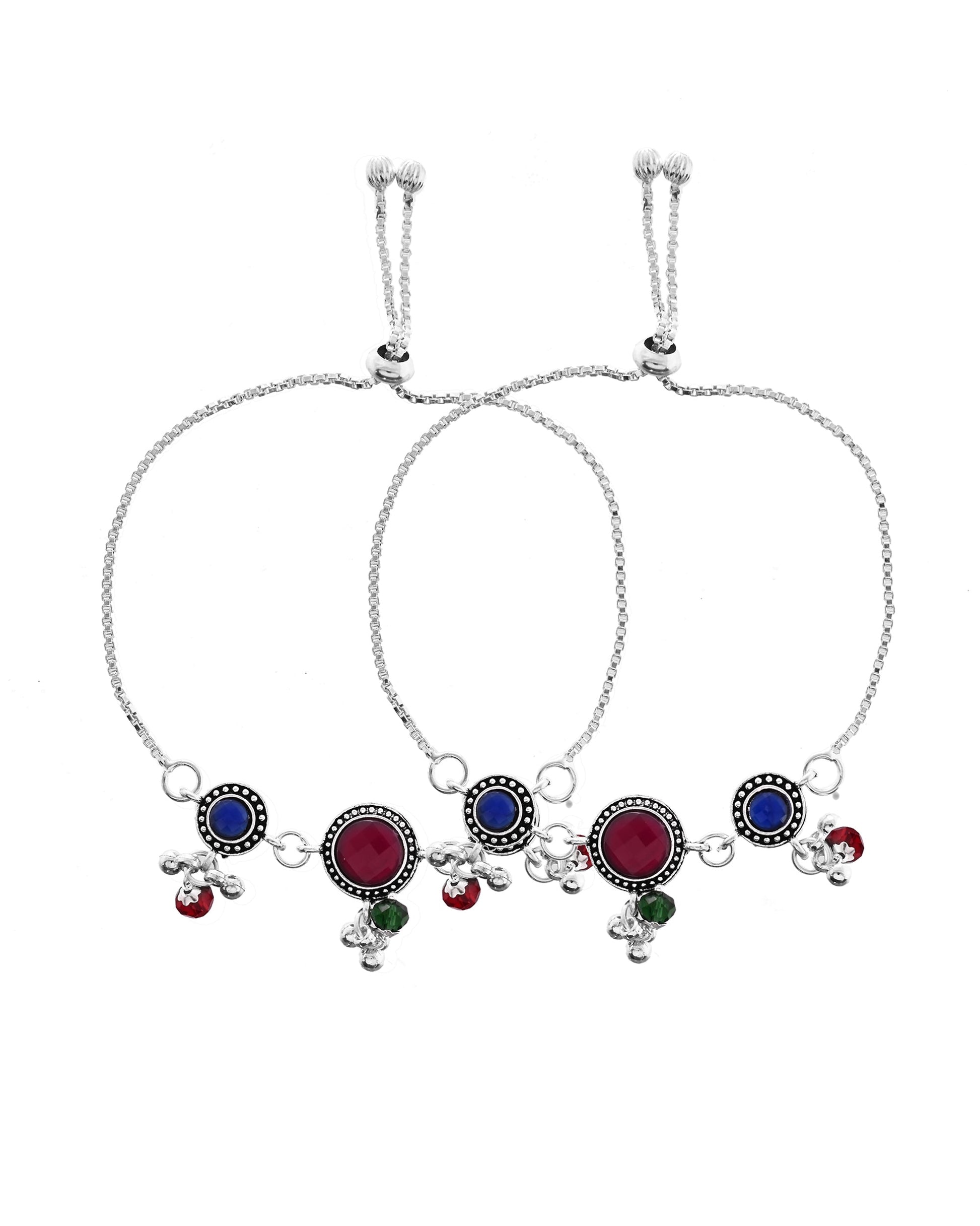 VOJ Set of 2 Silver Plated Circular Designed Stone Studded Anklet - Swadesiicart