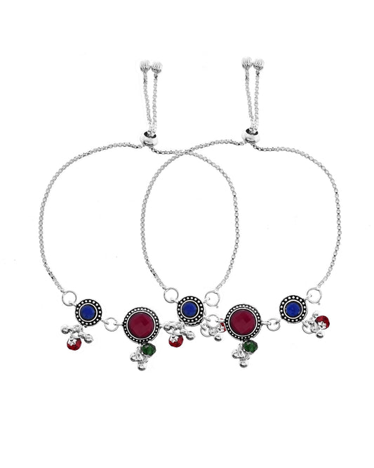 VOJ Set of 2 Silver Plated Circular Designed Stone Studded Anklet - Swadesiicart