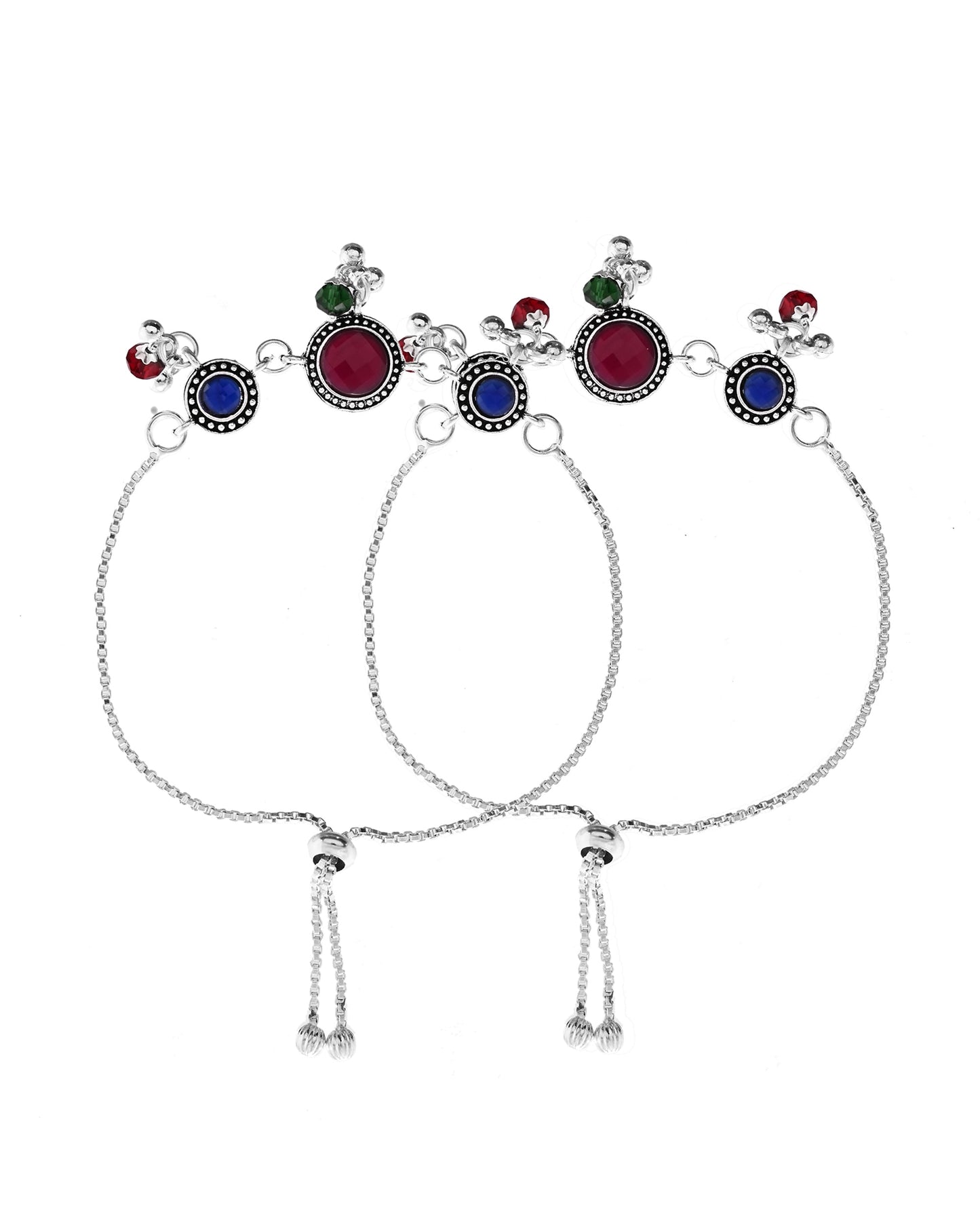 VOJ Set of 2 Silver Plated Circular Designed Stone Studded Anklet - Swadesiicart