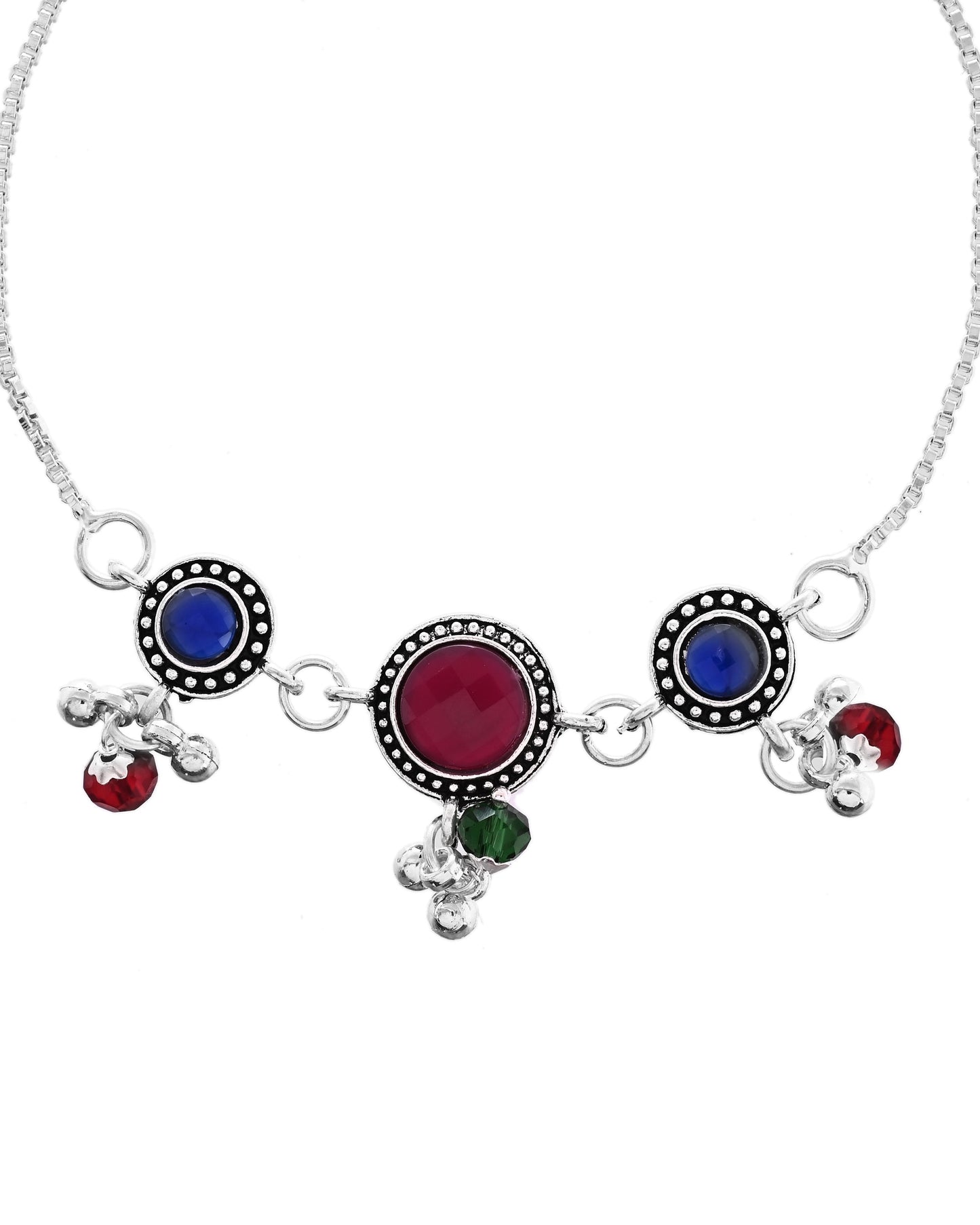 VOJ Set of 2 Silver Plated Circular Designed Stone Studded Anklet - Swadesiicart