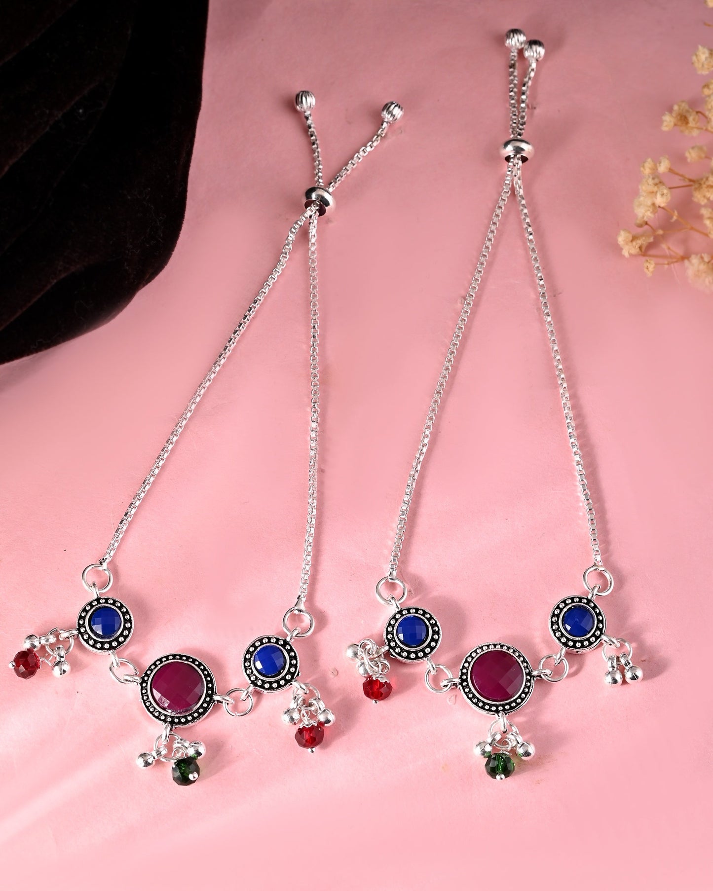 VOJ Set of 2 Silver Plated Circular Designed Stone Studded Anklet - Swadesiicart
