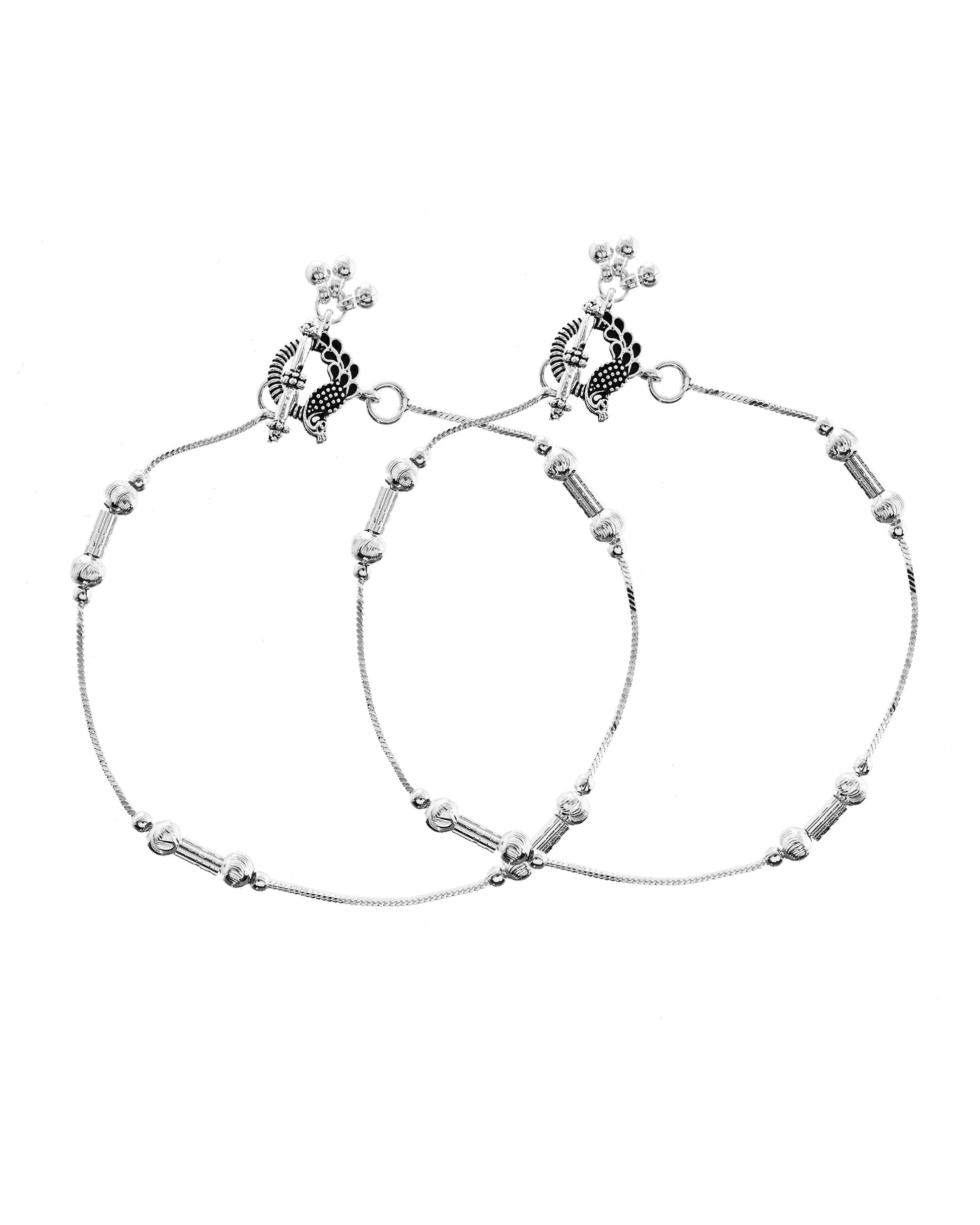 VOJ Set of 2 Silver Plated Pipe Shaped Designer Anklet - Swadesiicart