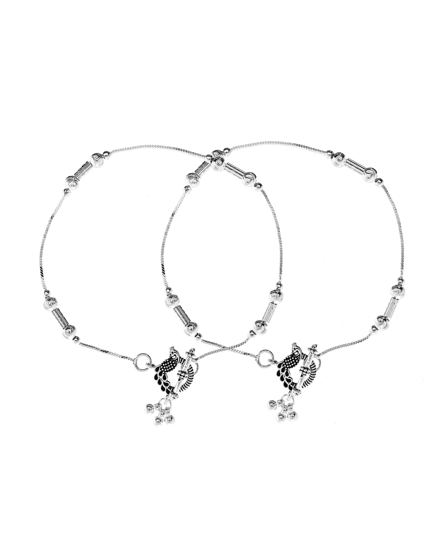 VOJ Set of 2 Silver Plated Pipe Shaped Designer Anklet - Swadesiicart