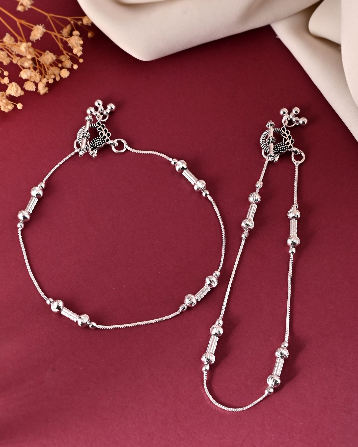 VOJ Set of 2 Silver Plated Pipe Shaped Designer Anklet - Swadesiicart