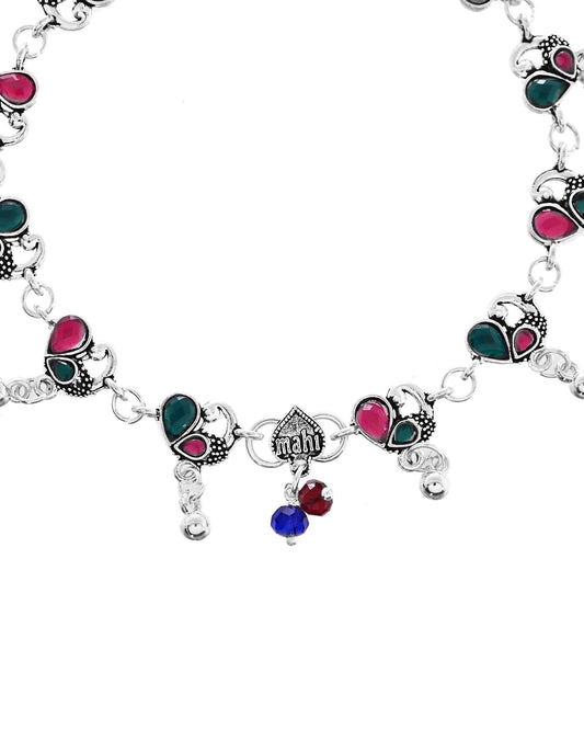 VOJ Set of 2 Silver Plated Peacock Shaped Stone Studded Anklet - Swadesiicart