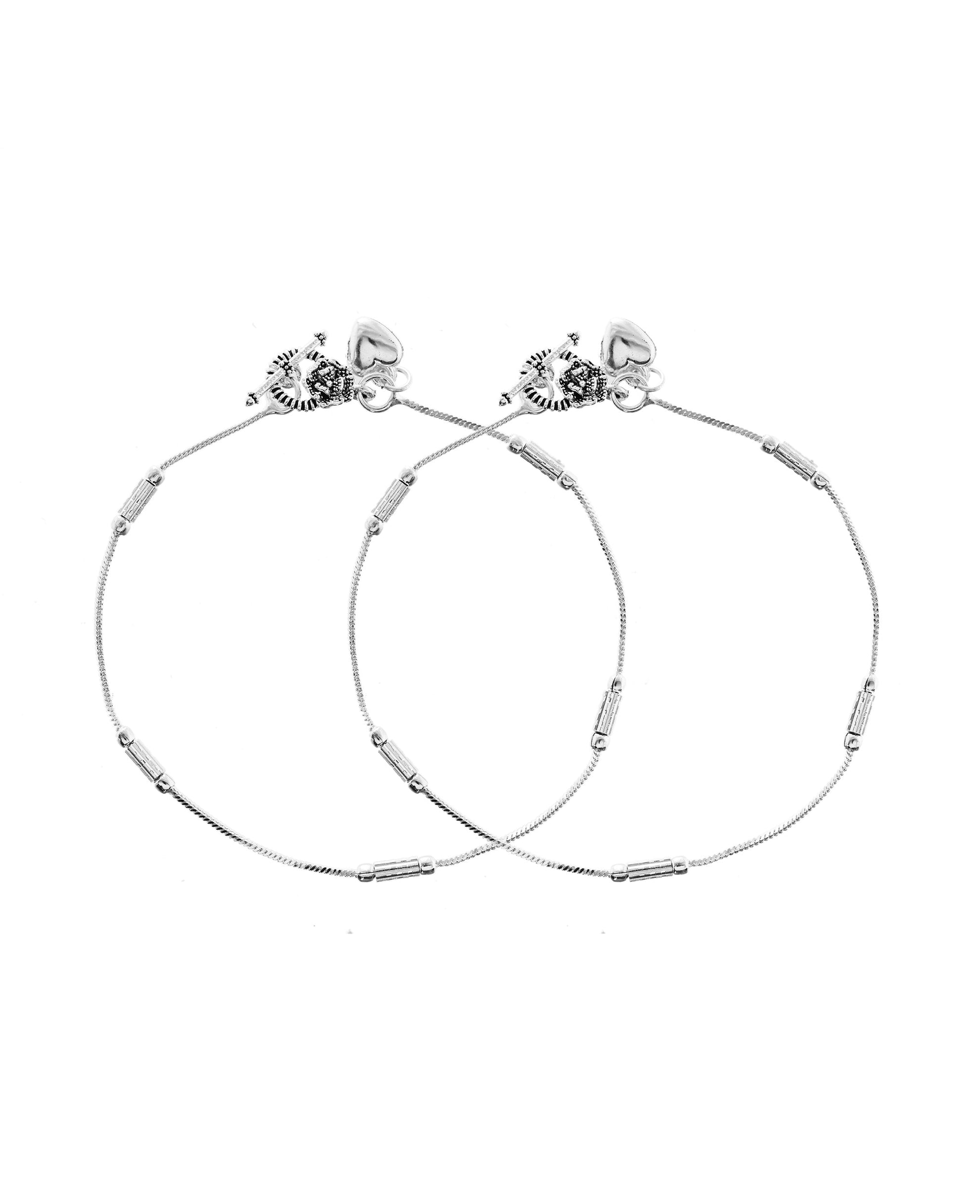 VOJ Set of 2 Silver Plated Pipe Shaped Handcrafted Anklet - Swadesiicart