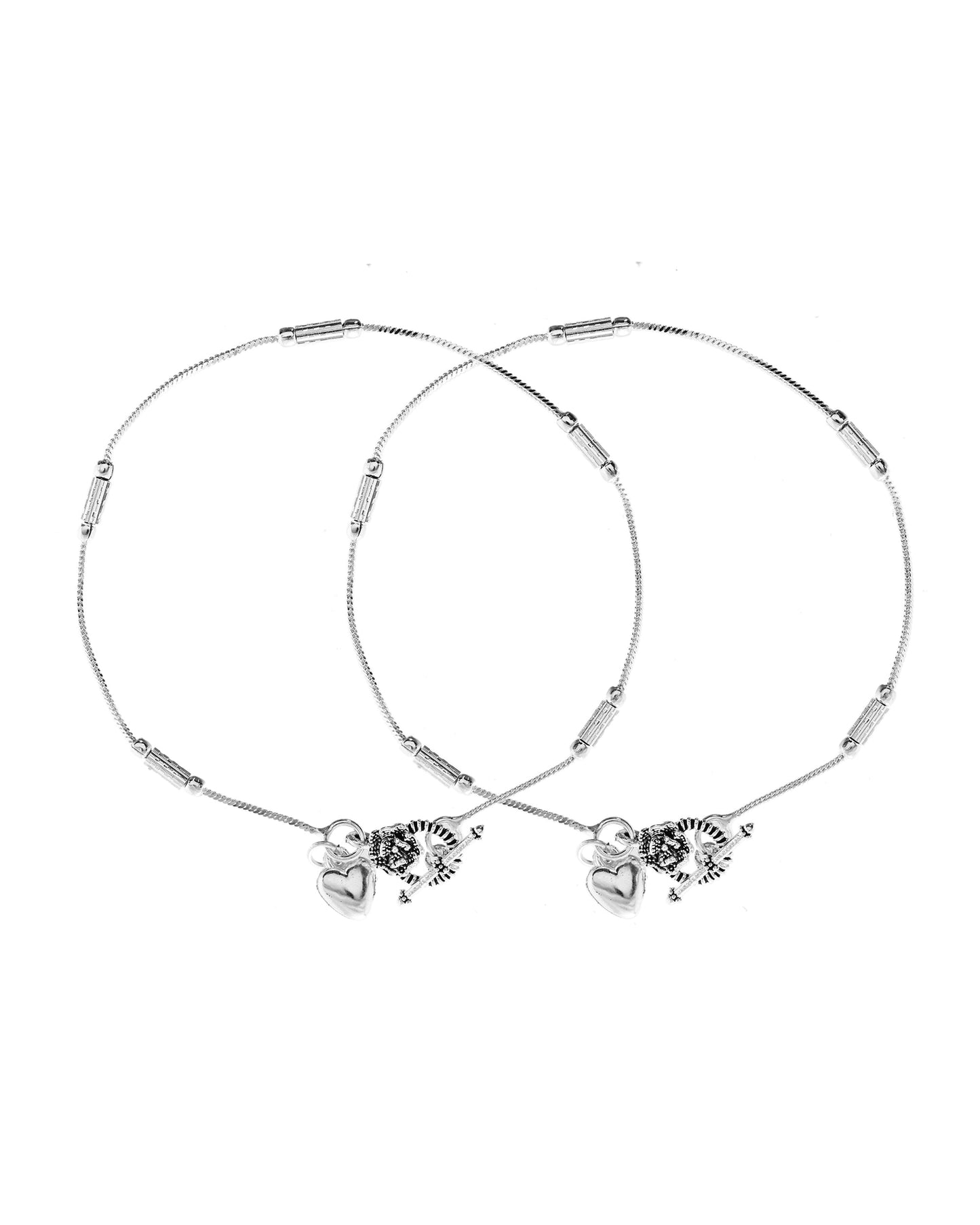 VOJ Set of 2 Silver Plated Pipe Shaped Handcrafted Anklet - Swadesiicart
