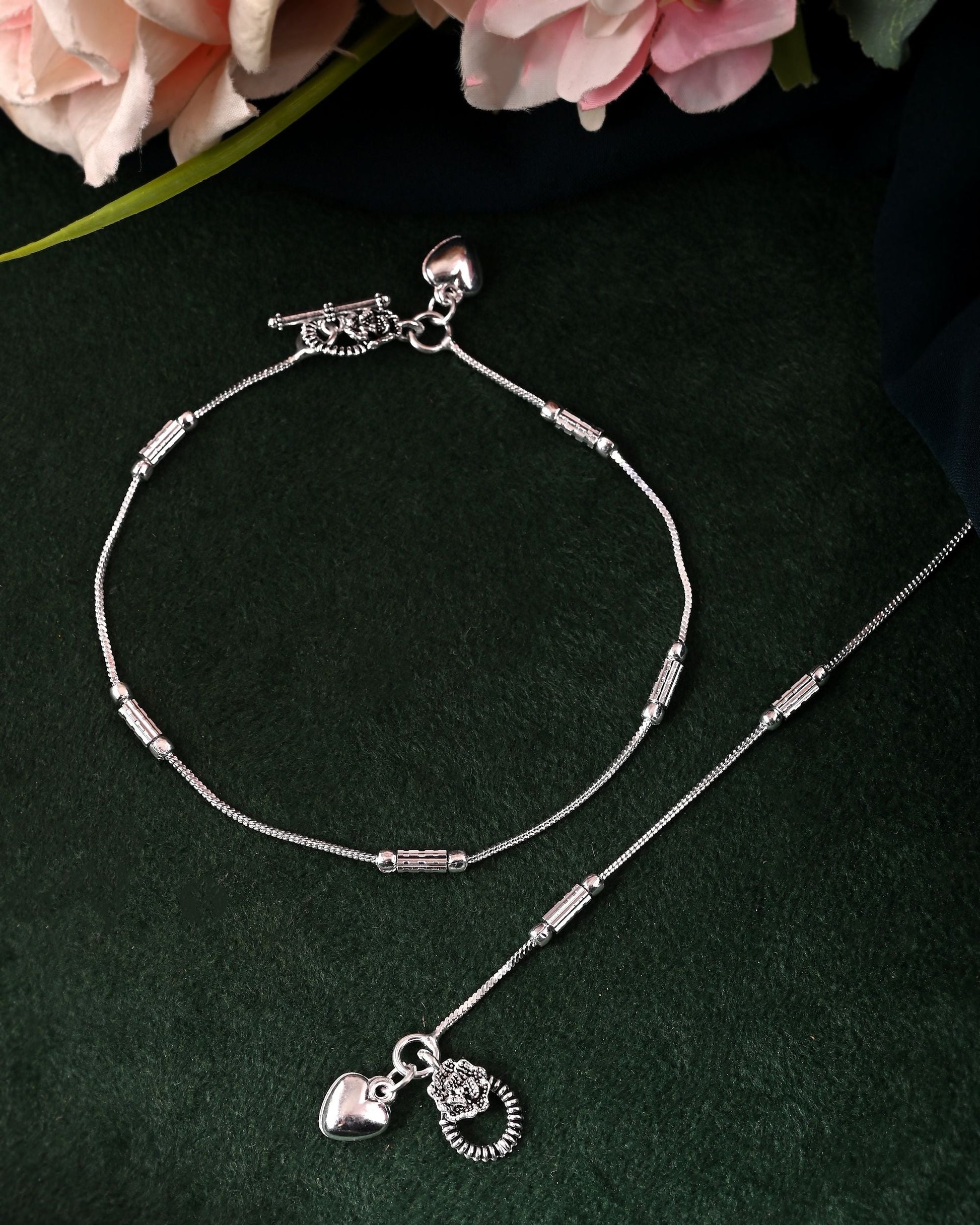 VOJ Set of 2 Silver Plated Pipe Shaped Handcrafted Anklet - Swadesiicart