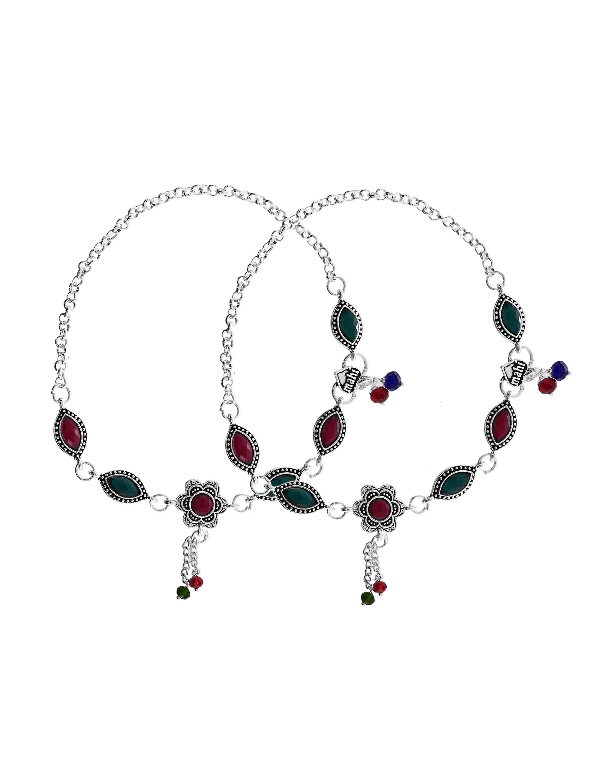VOJ Set of 2 Silver Plated Floral Shaped Stone Studded Anklet - Swadesiicart
