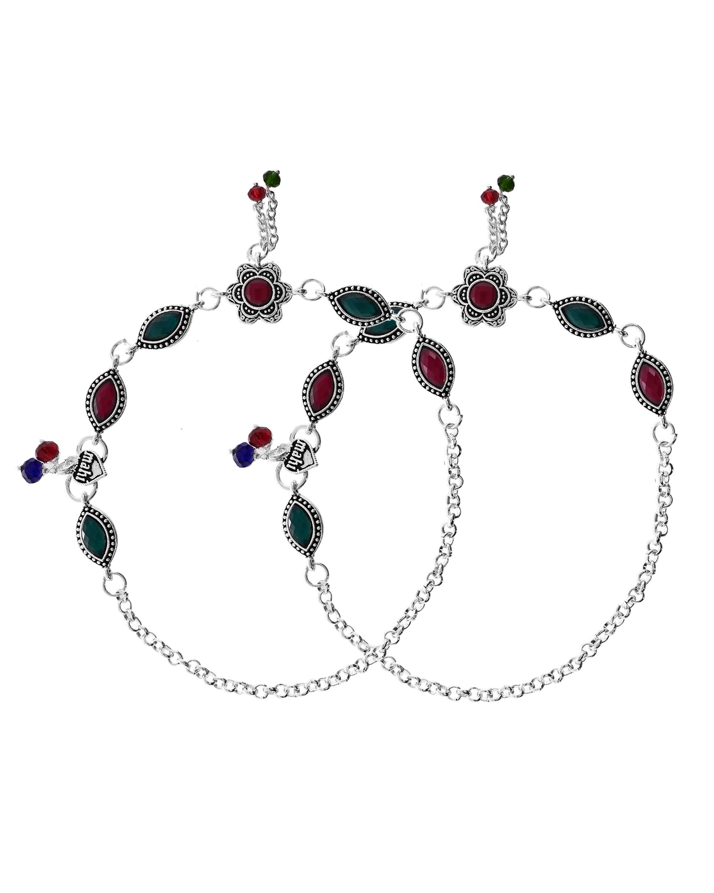 VOJ Set of 2 Silver Plated Floral Shaped Stone Studded Anklet - Swadesiicart